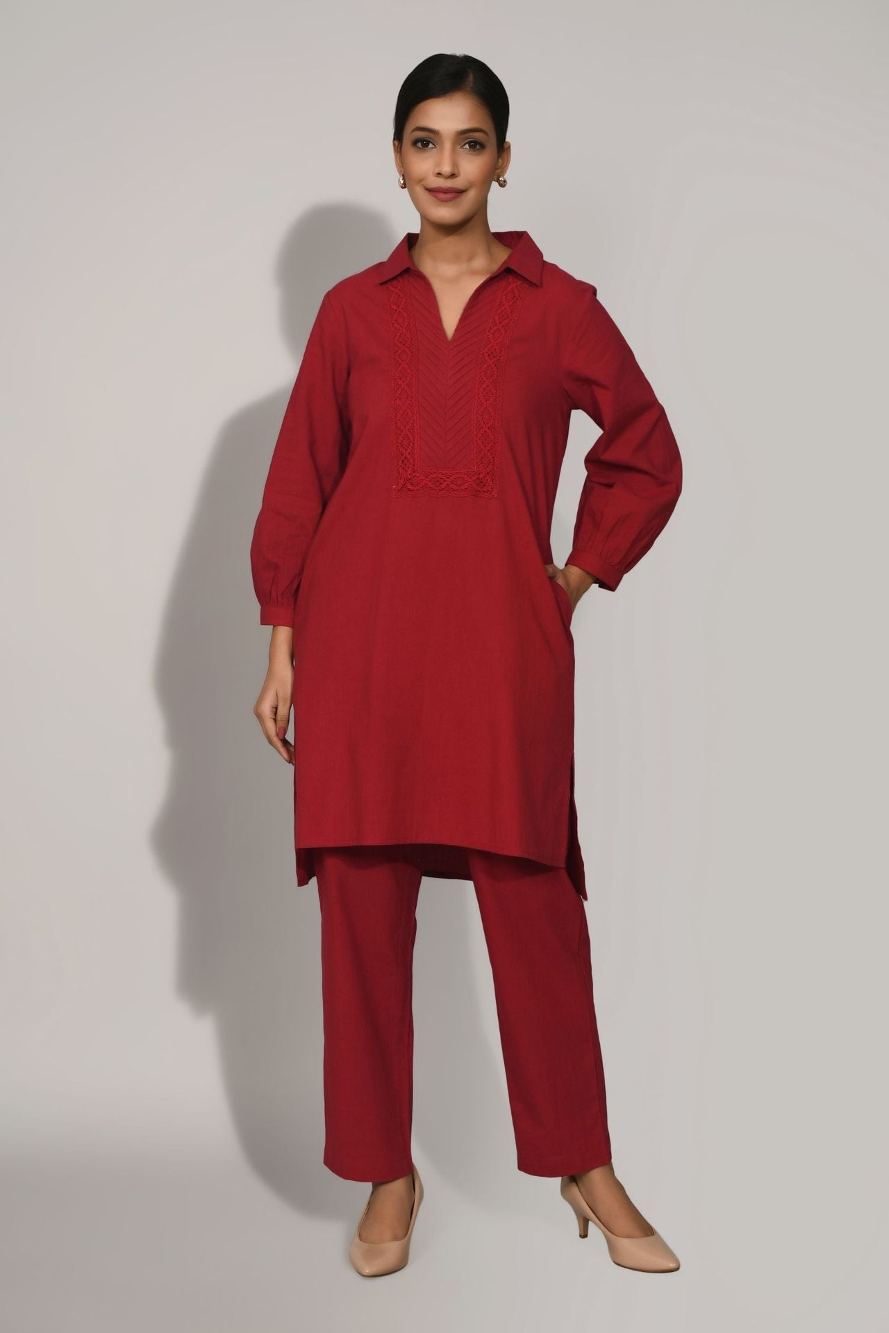 Red Collared Cord Set With Handwork Detail