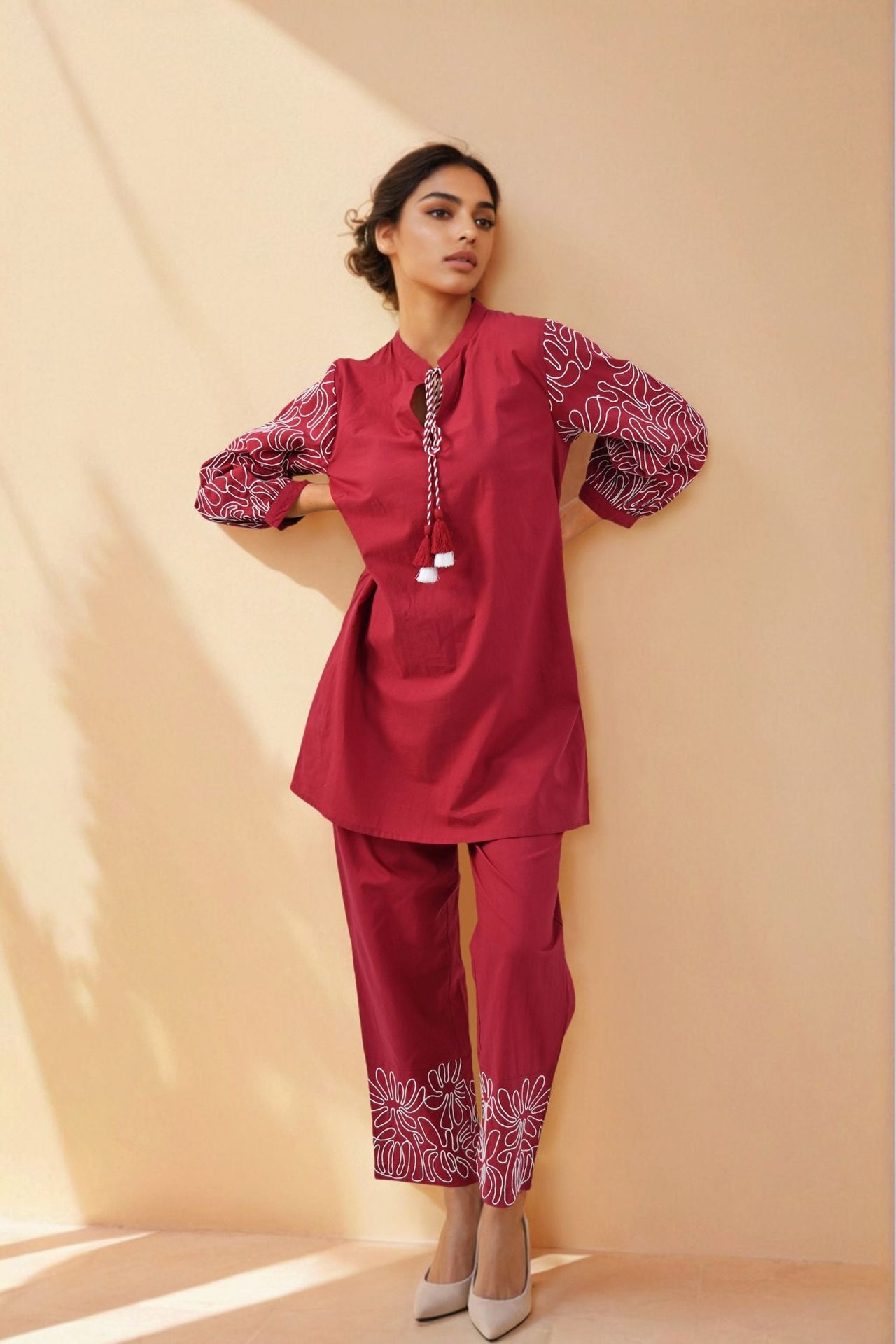 Solid Red Cord Set With Sleeve & Bottom Detail