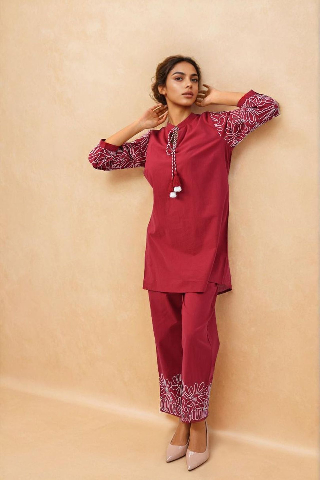 Solid Red Cord Set With Sleeve & Bottom Detail image 2