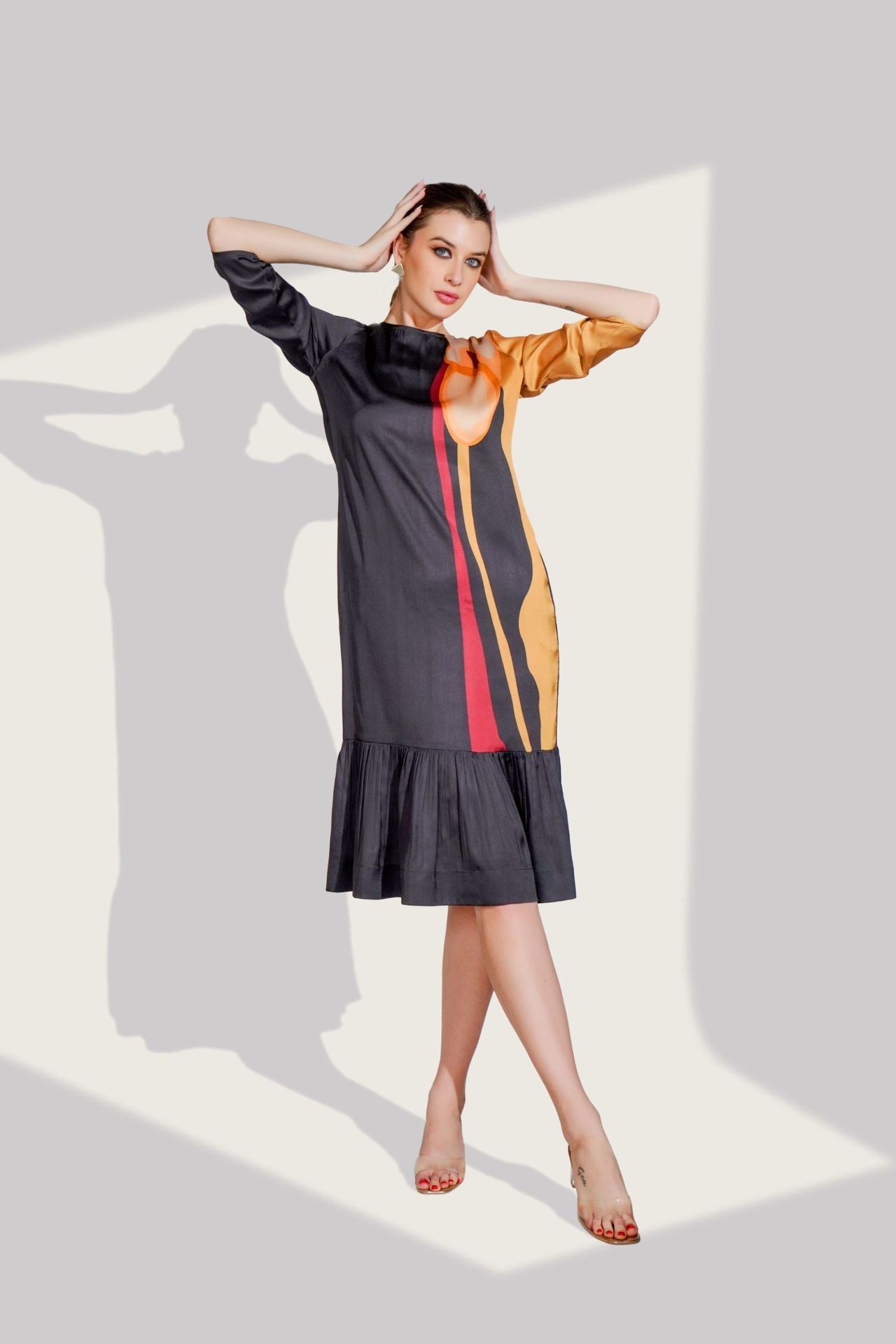 Black Long Dress With Side Print With Pockets