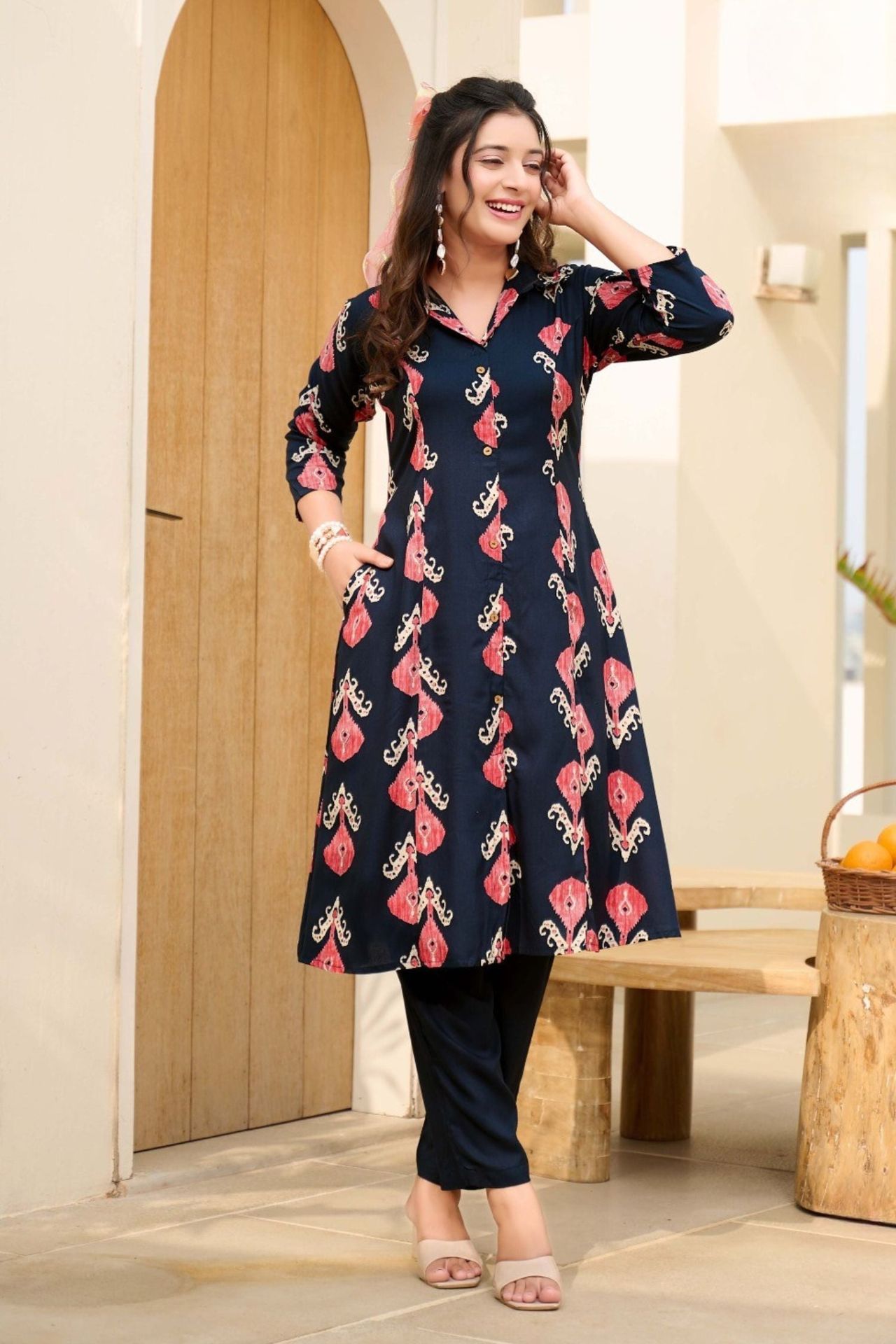 Stylish Navy Blue Rayon Cord Set With Foil Print