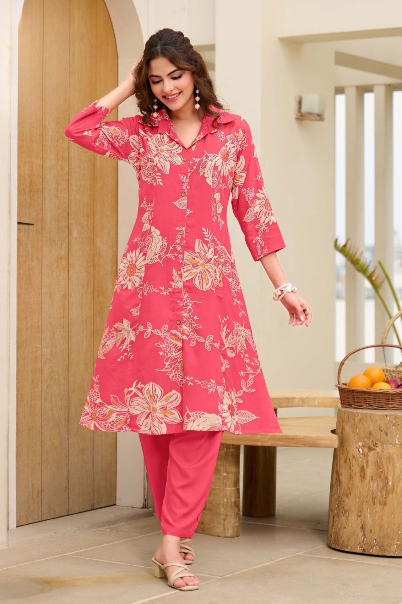 Pink Rayon Floral Print Cord Set For Women