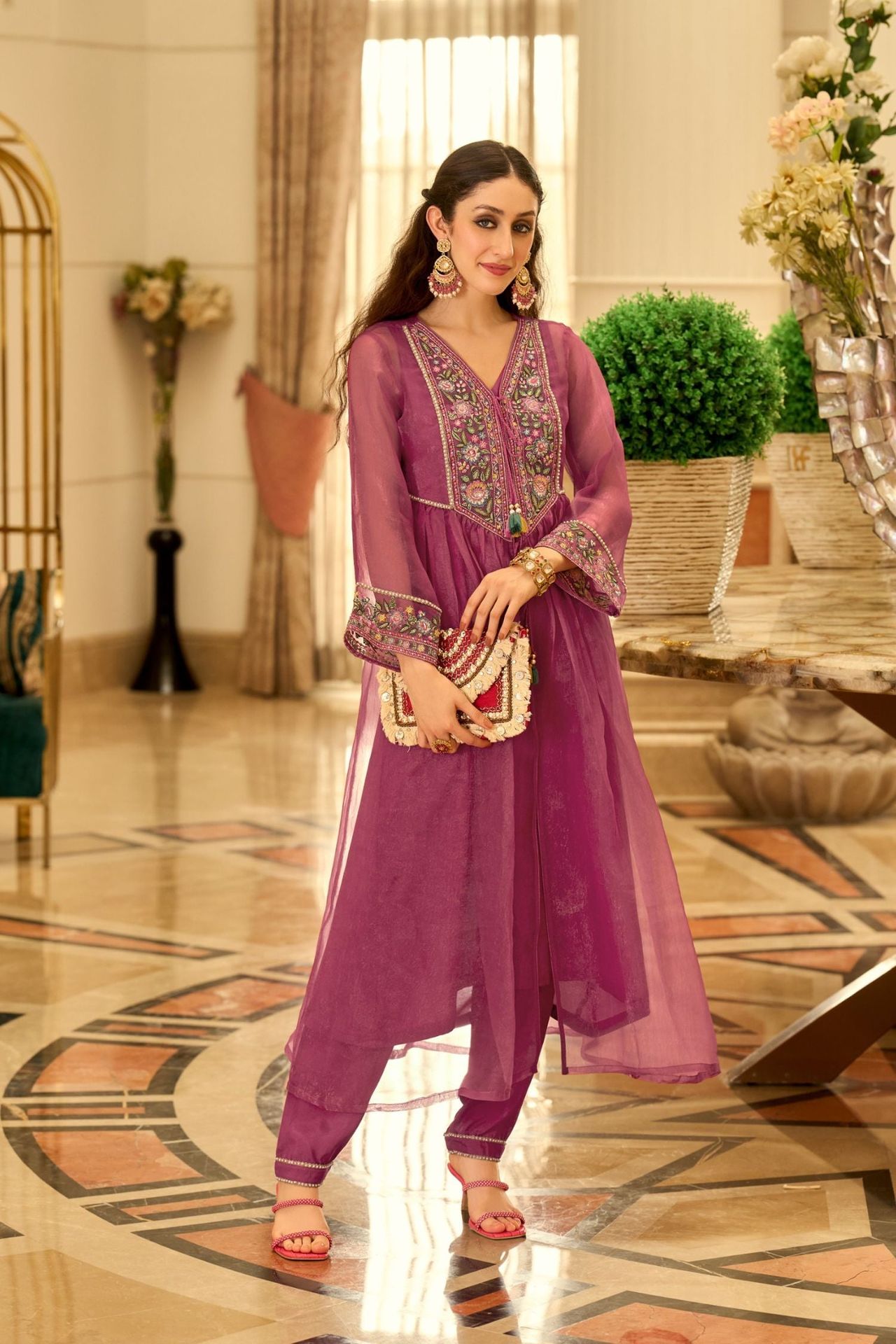 Pink Cord Set Embroidered Kurta With Elegant Full Sleeves