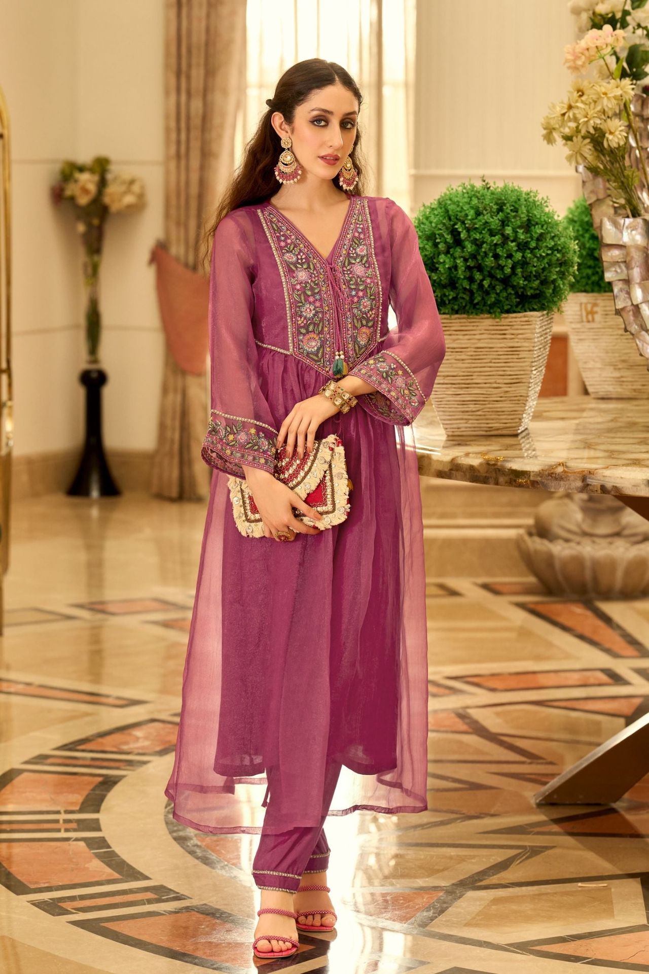 Pink Cord Set Embroidered Kurta With Elegant Full Sleeves image 3