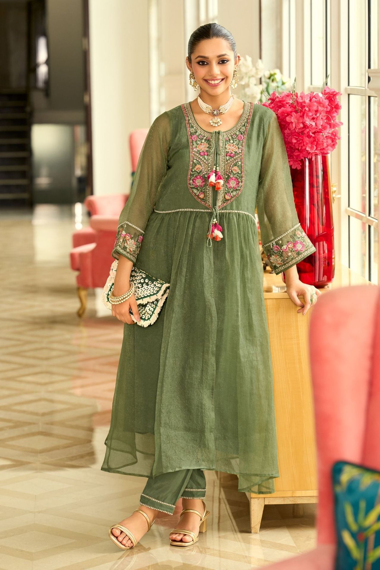 Green Cord Set With Embroidered Kurta & Lace Detailing On Sleeves