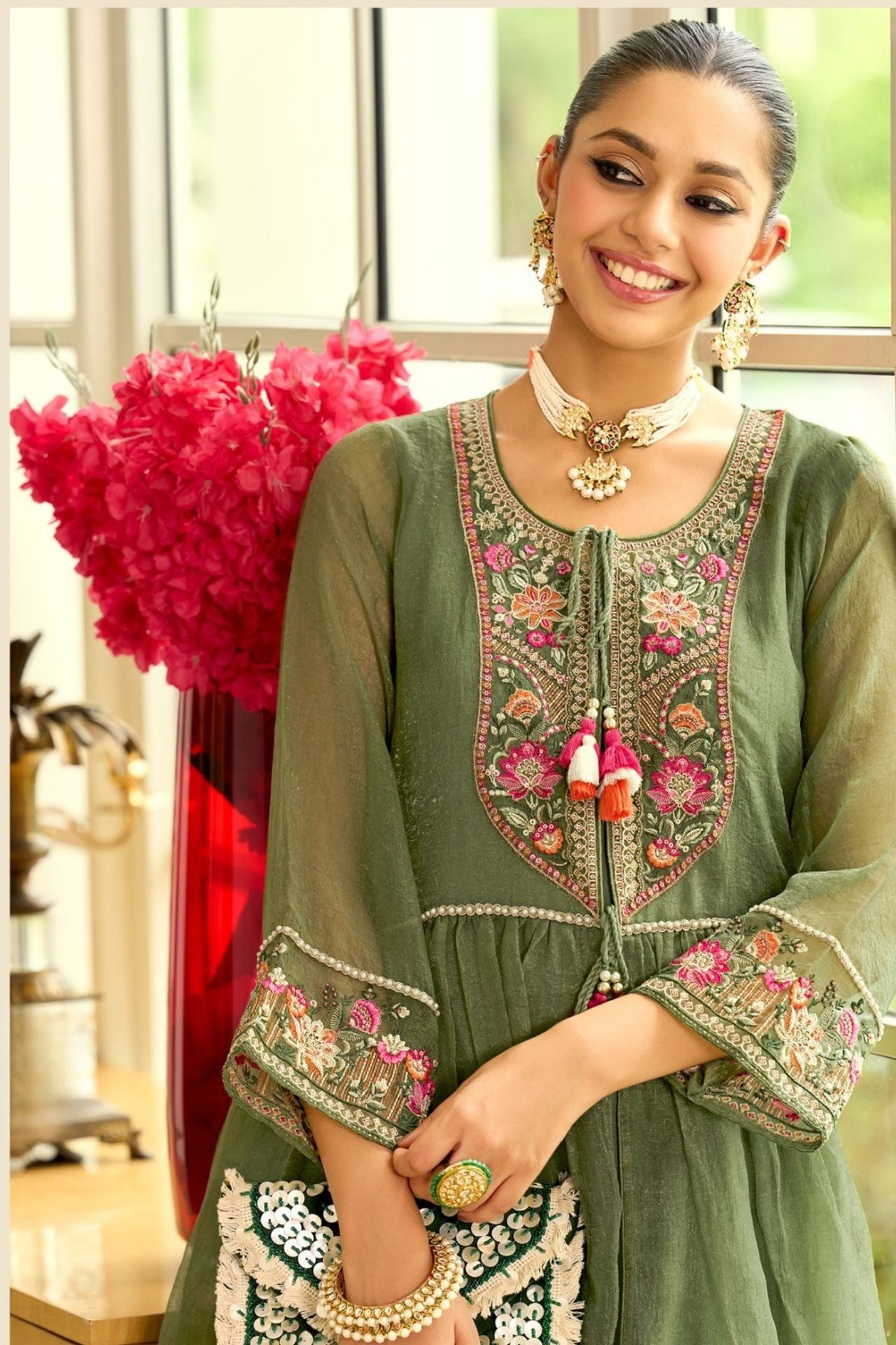 Green Cord Set With Embroidered Kurta & Lace Detailing On Sleeves image 2