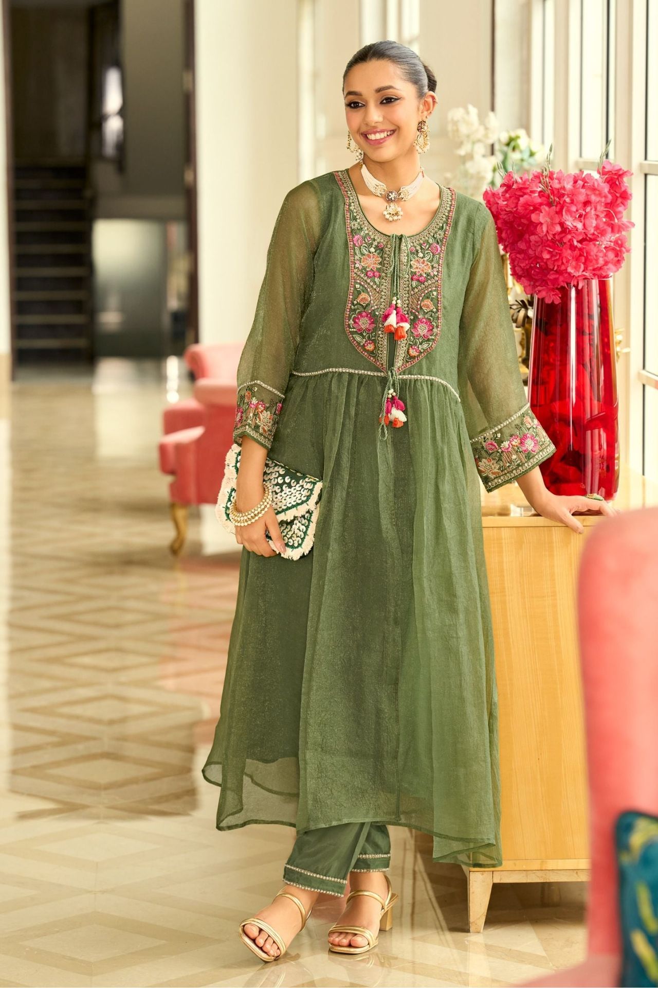 Green Cord Set With Embroidered Kurta & Lace Detailing On Sleeves image 3