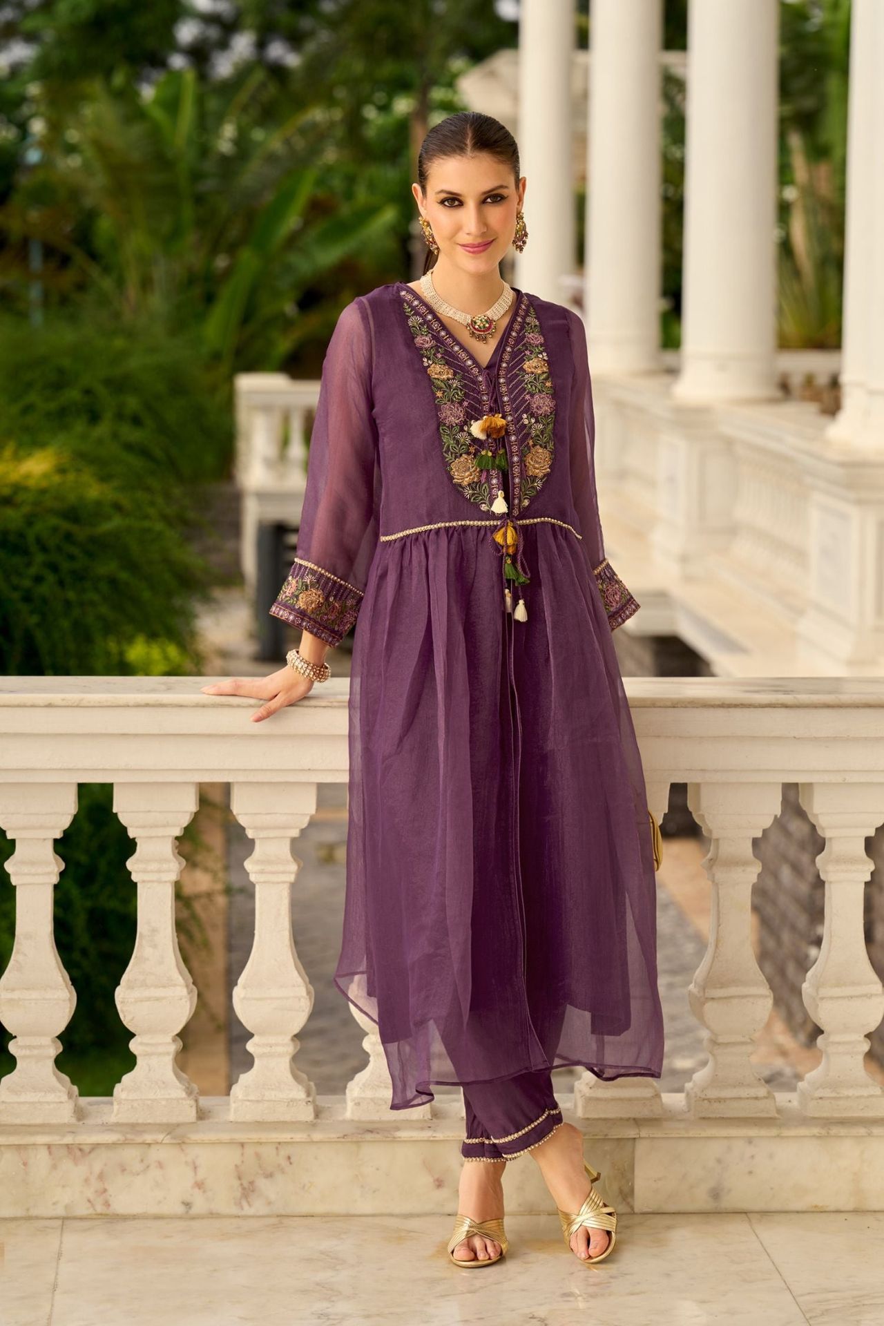 Purple Pure Organza Embroidered Cord Set