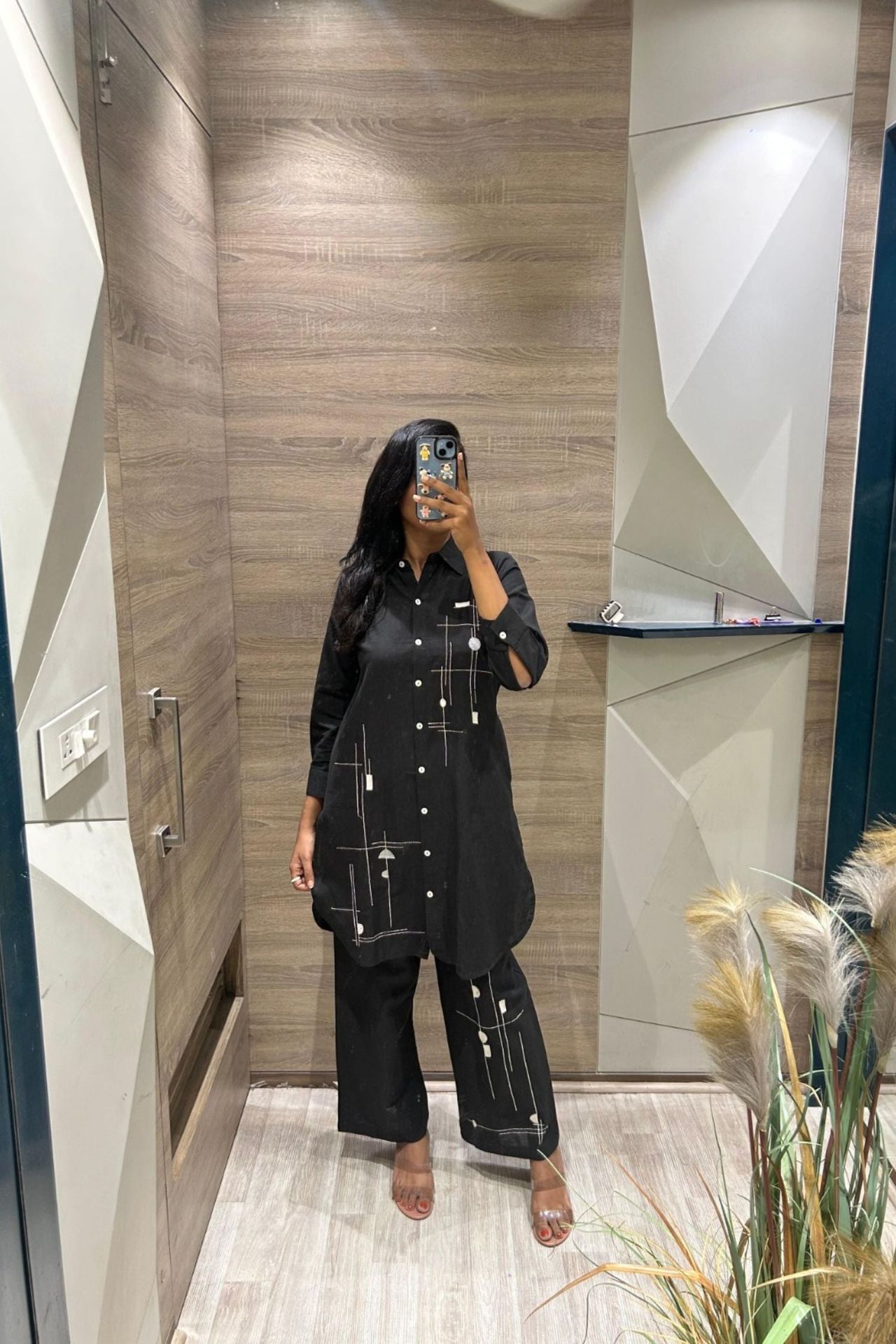 Black Cord Set With Printed Shirt-style Top And Matching Pants