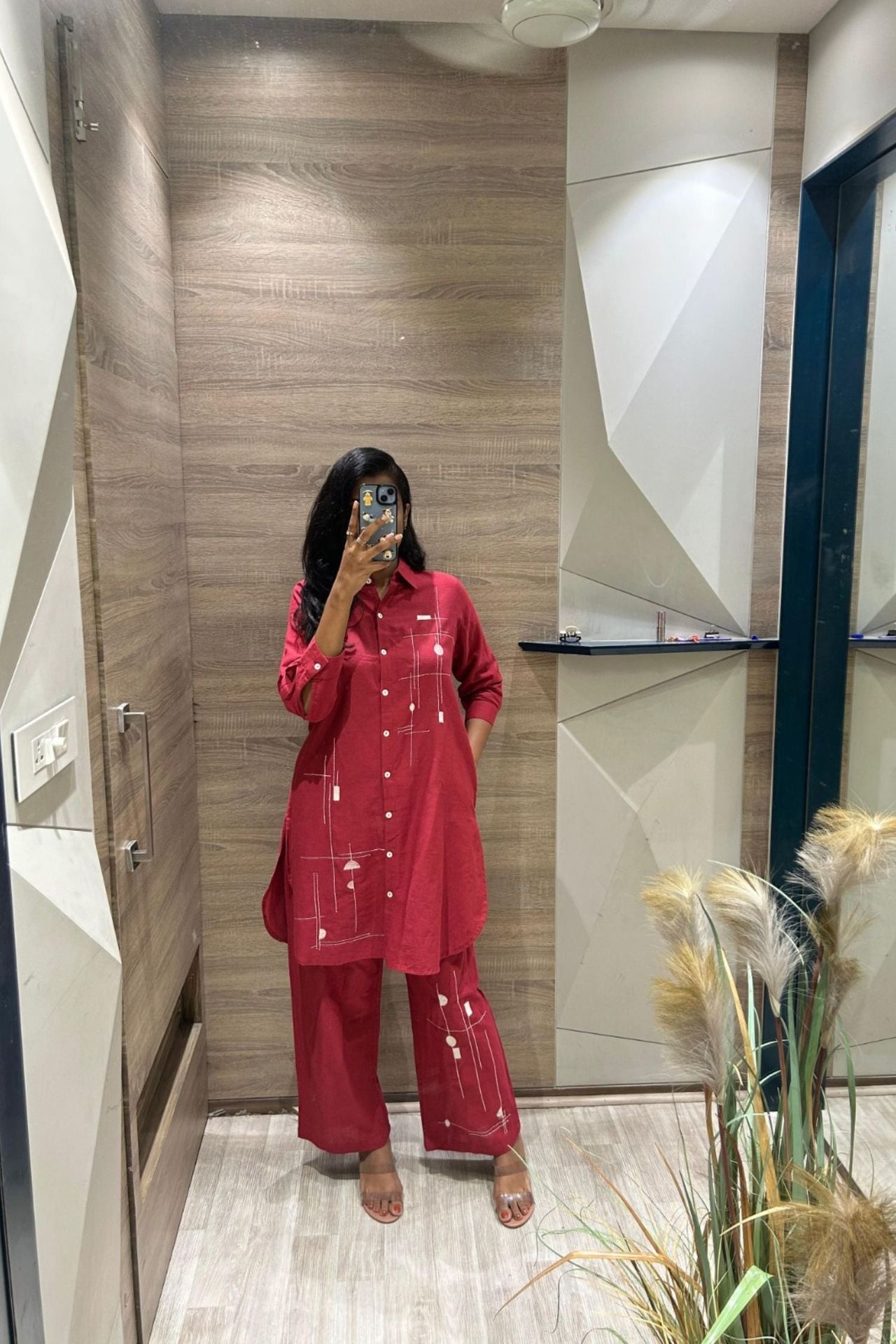 Red Cord Set With Modern Printed Shirt-style Top