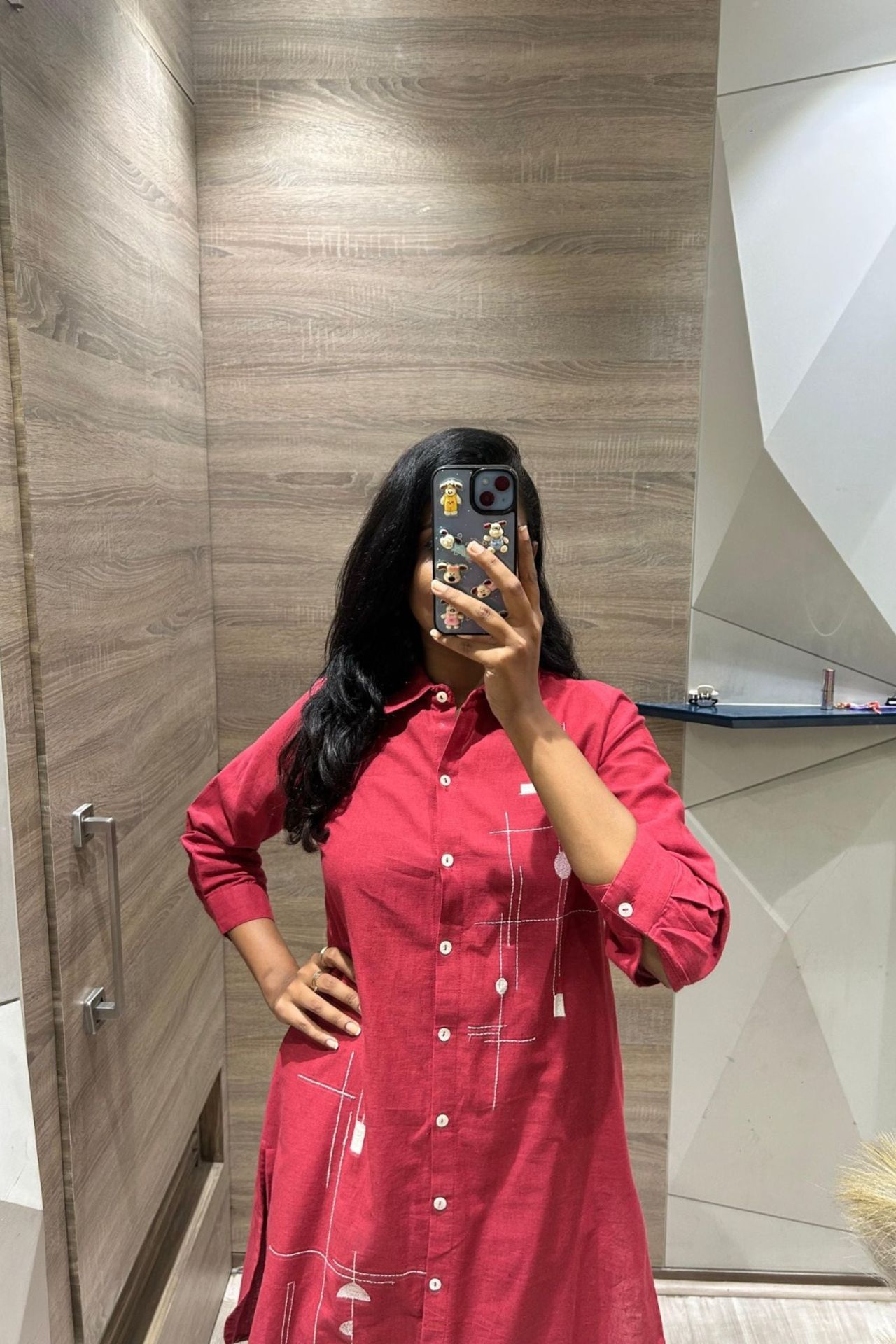 Red Cord Set With Modern Printed Shirt-style Top image 2