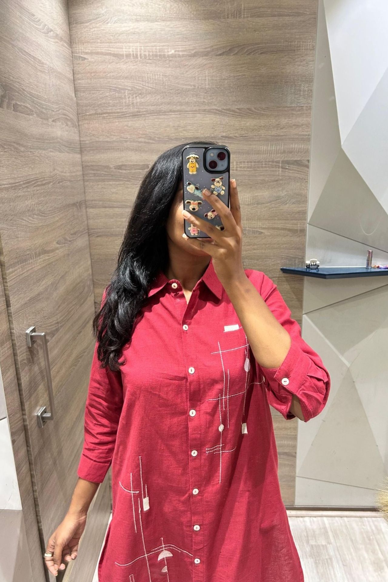 Red Cord Set With Modern Printed Shirt-style Top image 3