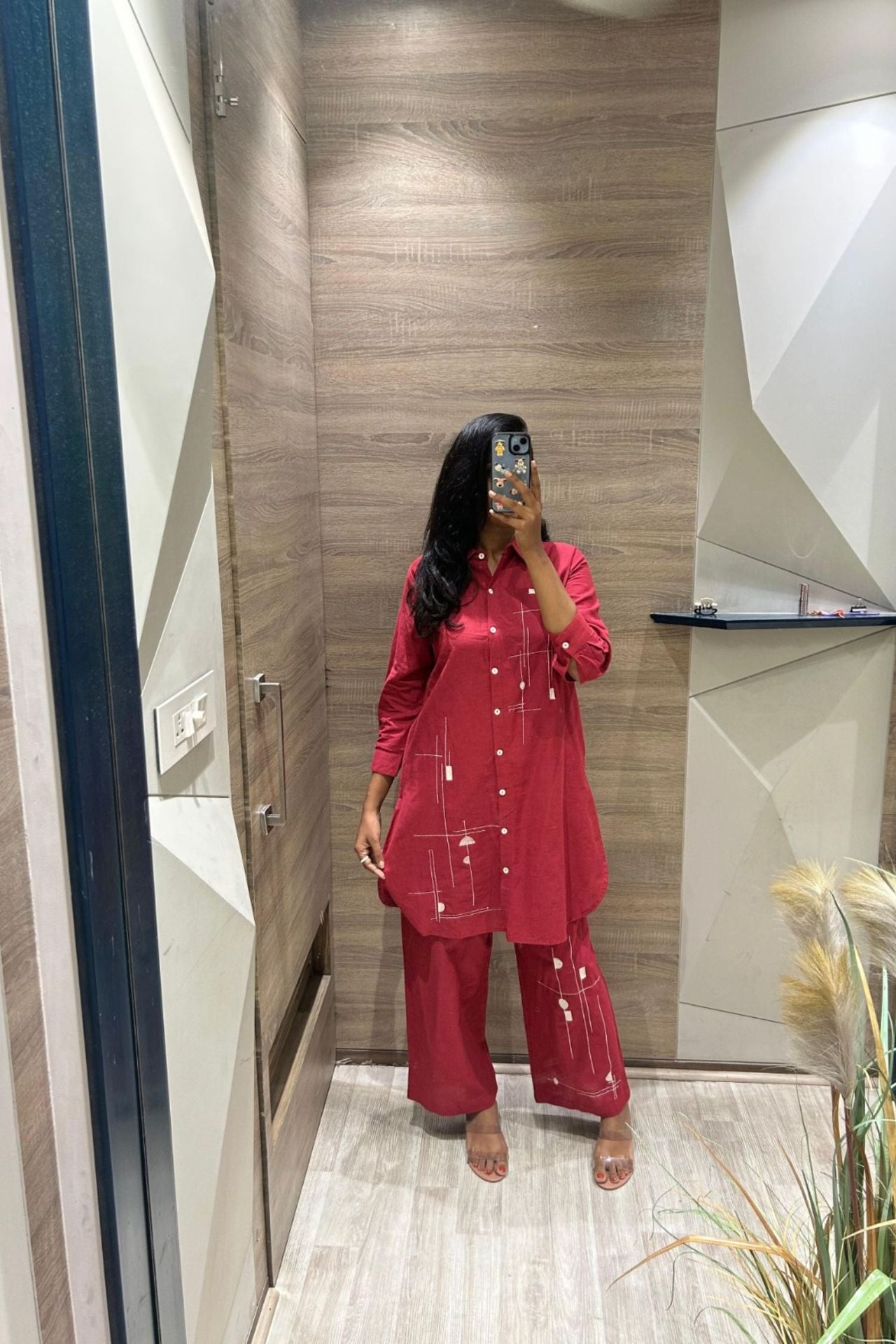 Red Cord Set With Modern Printed Shirt-style Top image 4