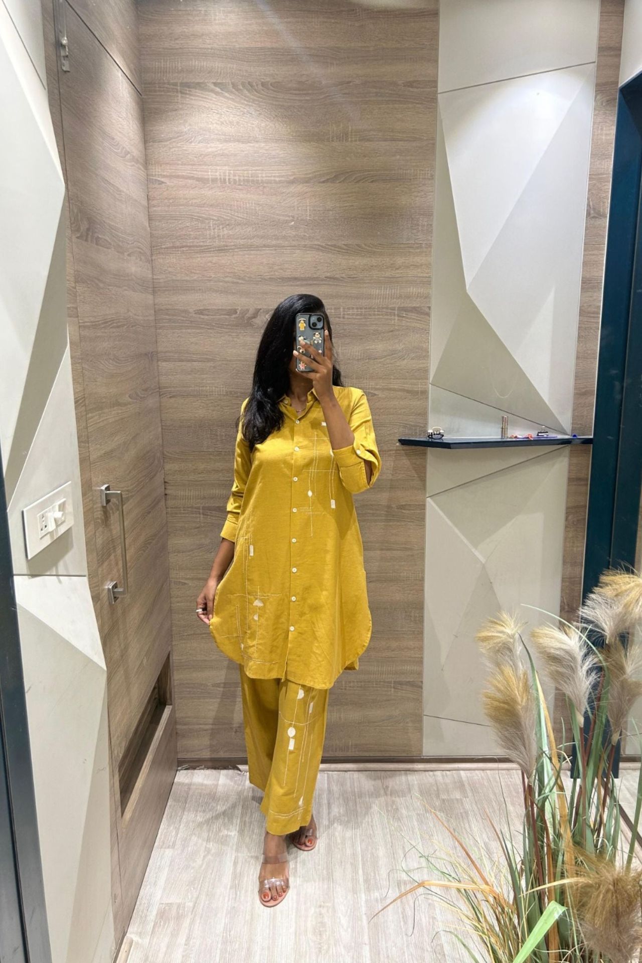 Yellow Cord Set With Graphic Print Detailing