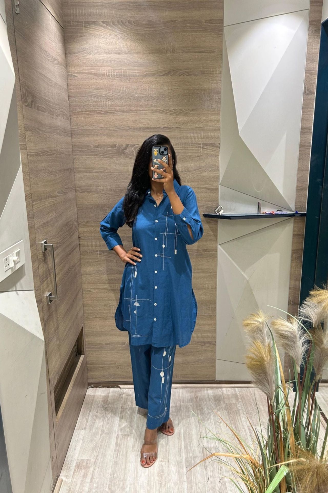 Blue Cord Set With Printed Shirt-style Design And Pants