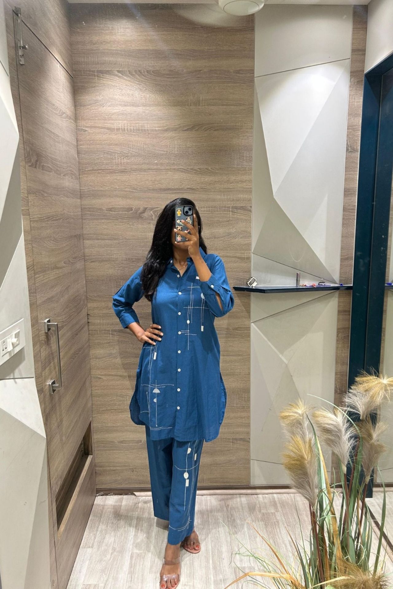 Blue Cord Set With Printed Shirt-style Design And Pants image 2