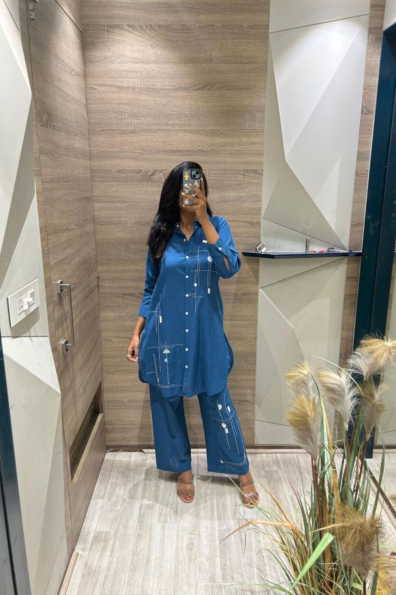 Blue Cord Set With Printed Shirt-style Design And Pants image 3