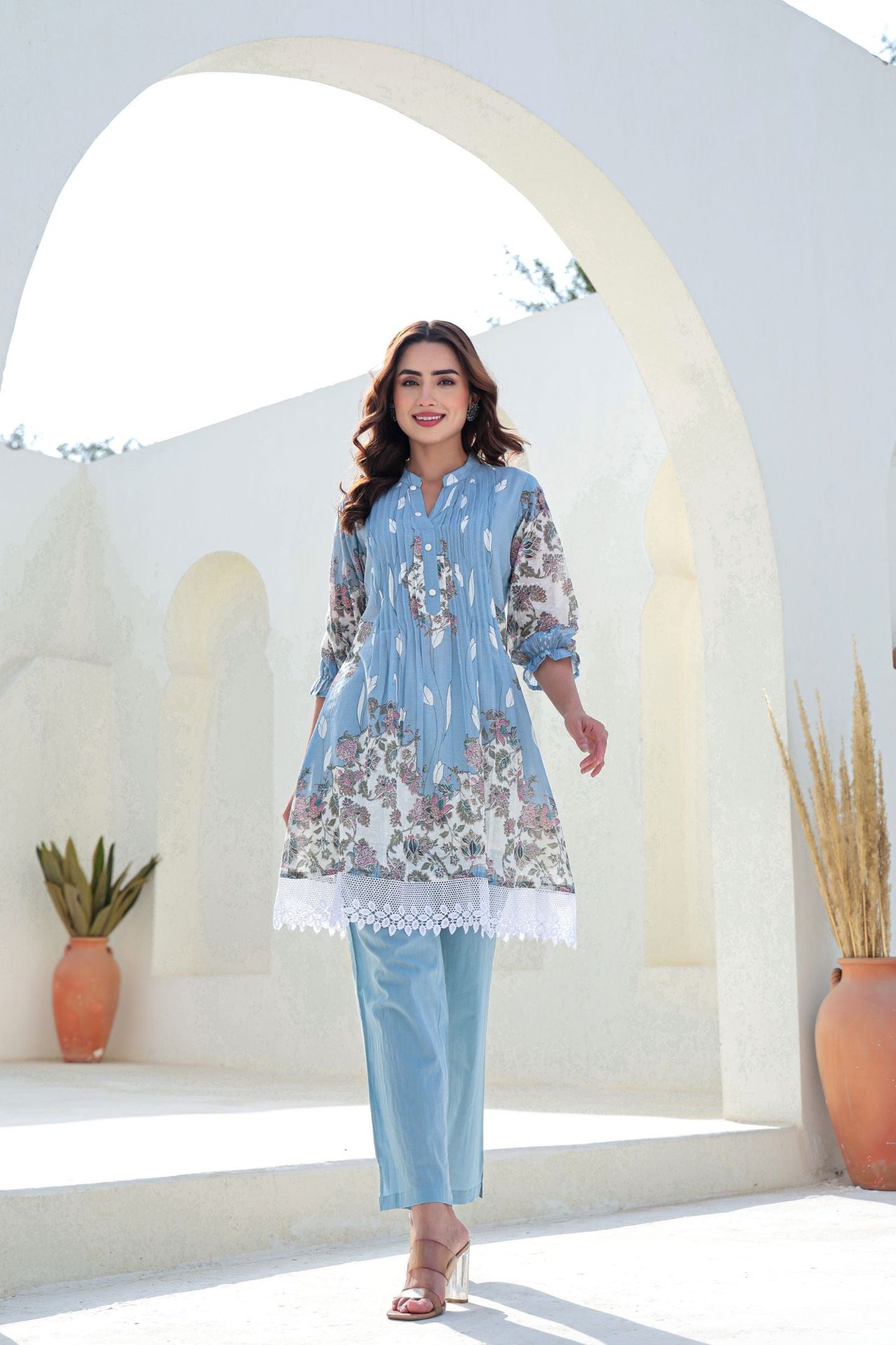 Blue Cord Set With Modern Prints And Lace Detailing On Top