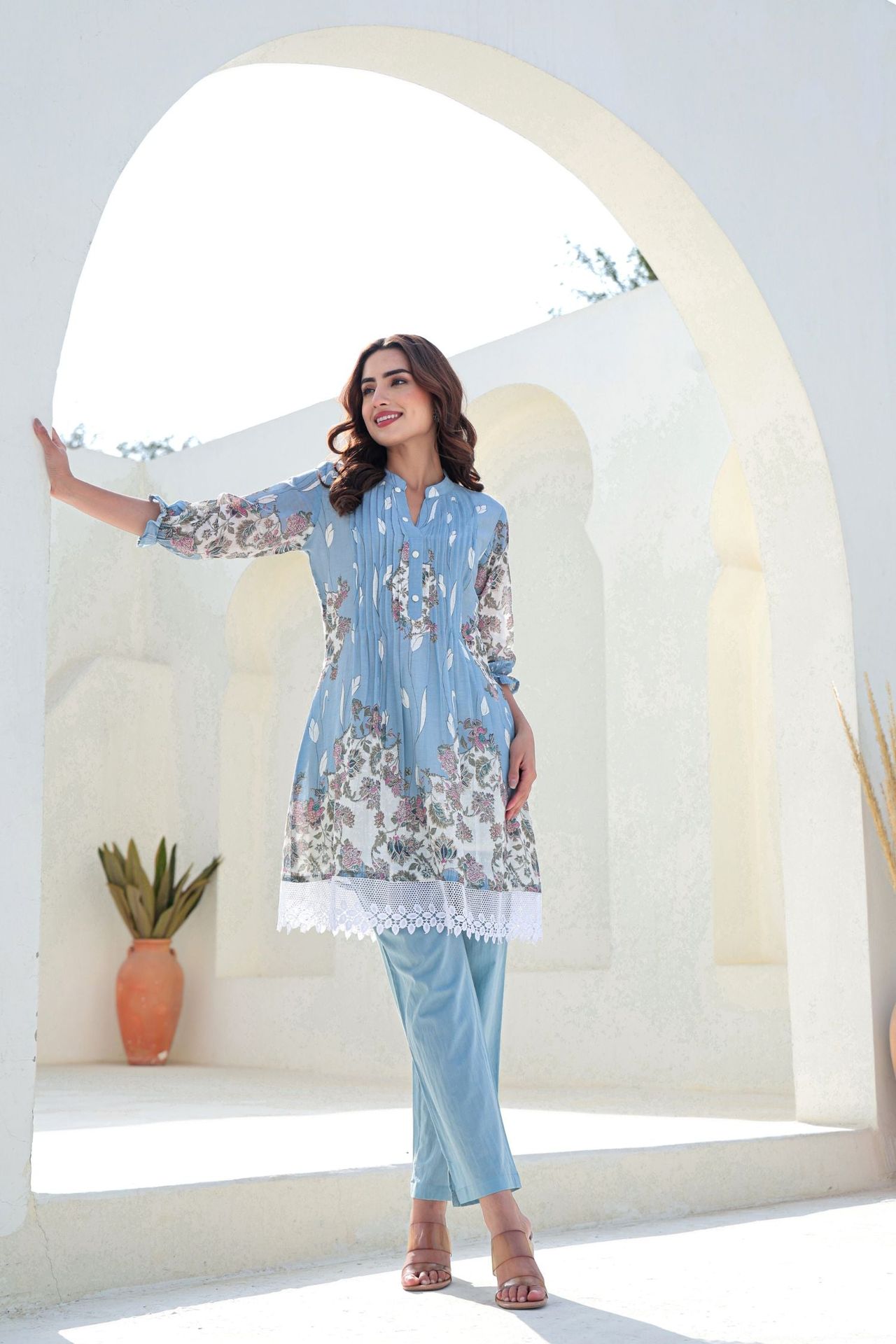 Blue Cord Set With Modern Prints And Lace Detailing On Top image 2