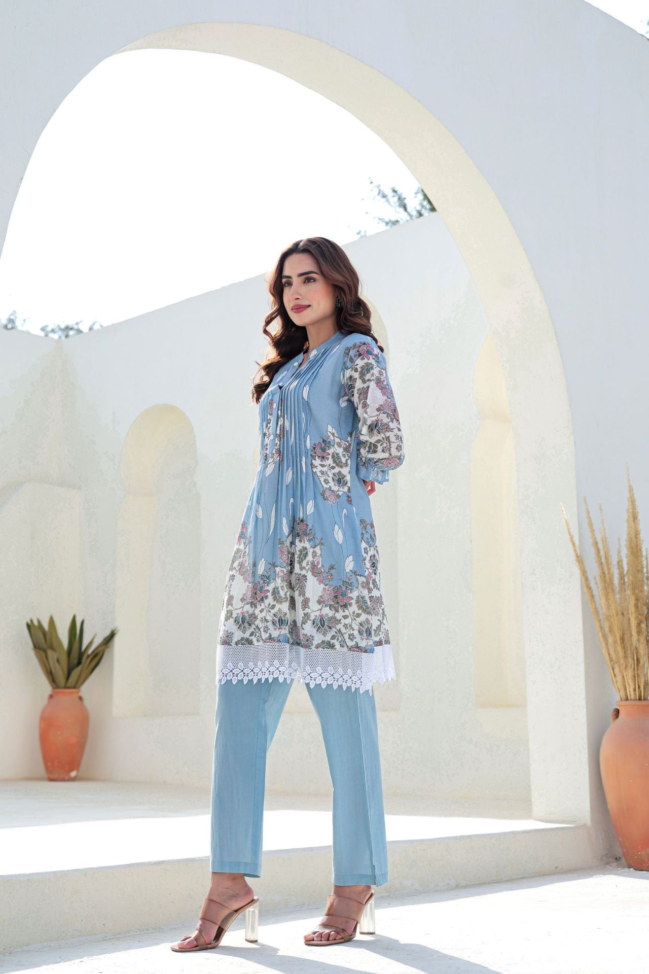 Blue Cord Set With Modern Prints And Lace Detailing On Top image 3