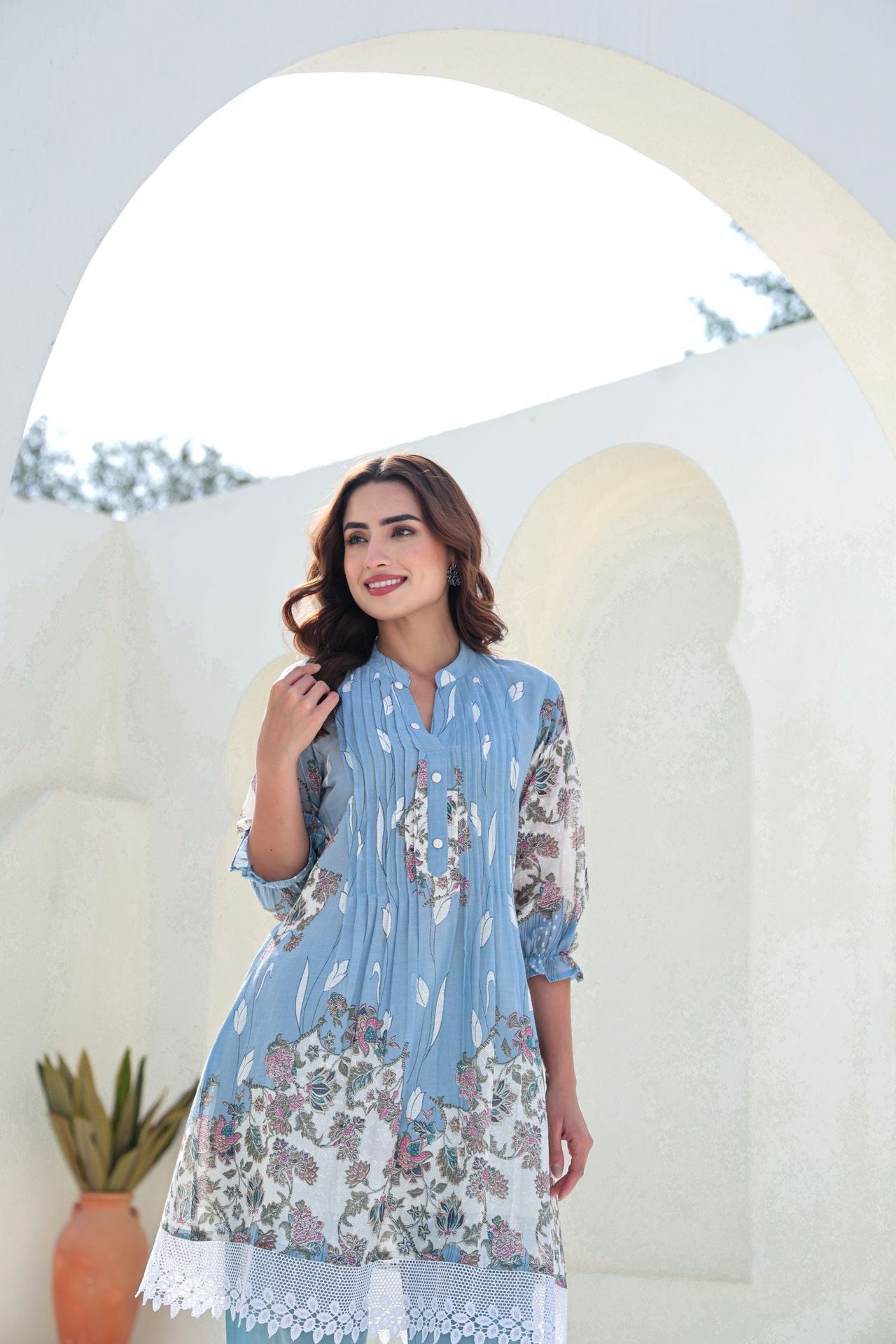 Blue Cord Set With Modern Prints And Lace Detailing On Top image 4