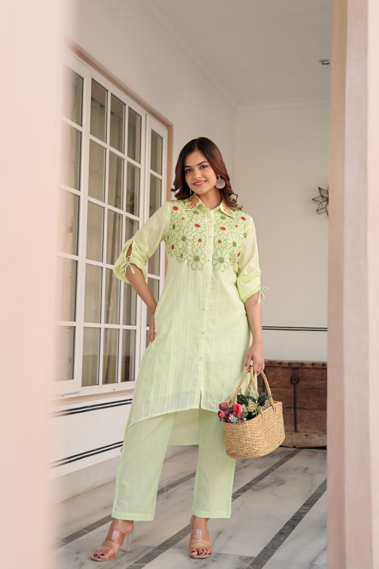Stylish Pista Green Cord Set With Delicate Collar And Floral Embroidery