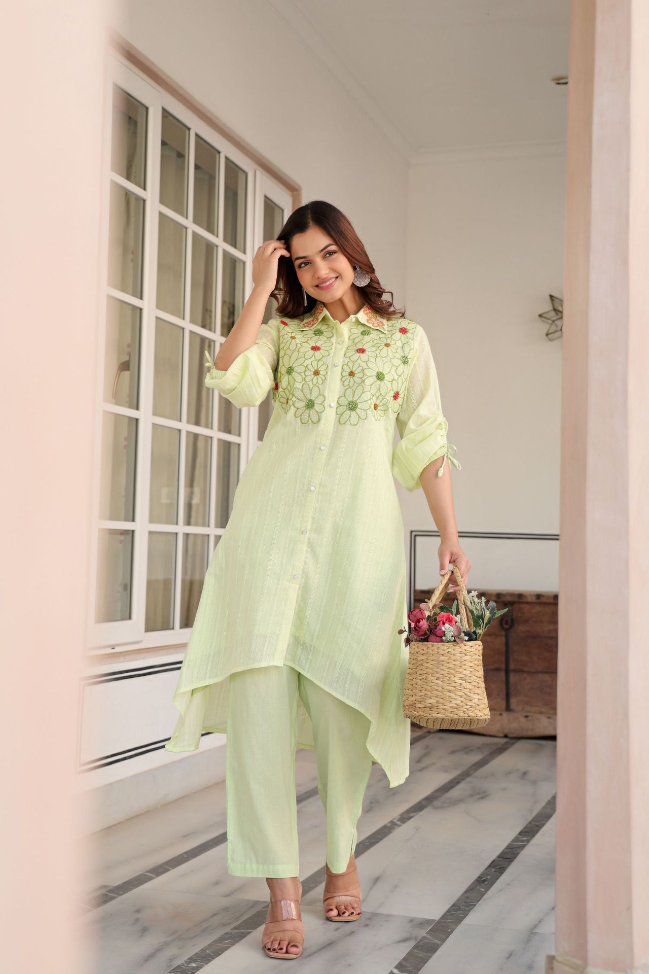 Stylish Pista Green Cord Set With Delicate Collar And Floral Embroidery image 2