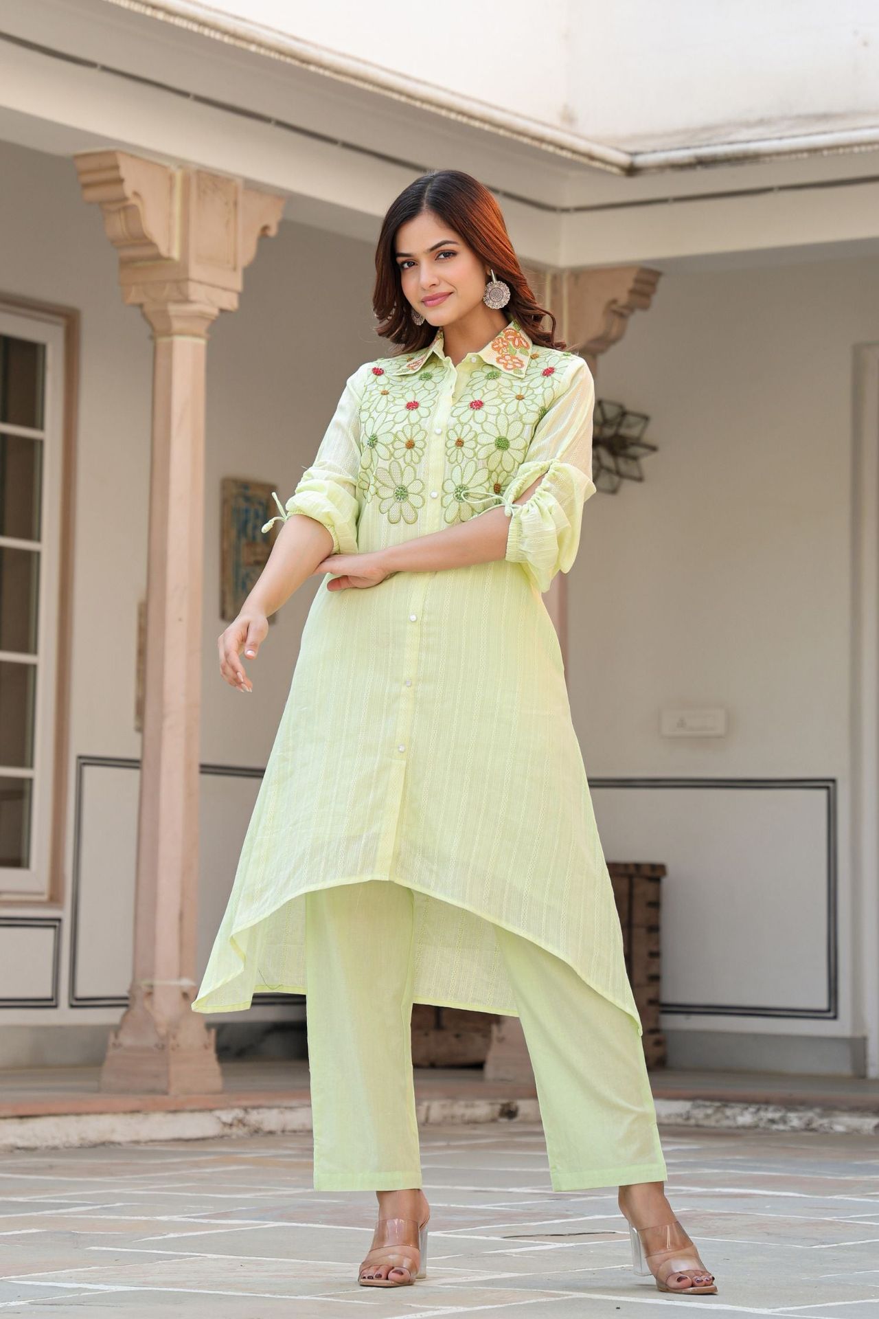 Stylish Pista Green Cord Set With Delicate Collar And Floral Embroidery image 3