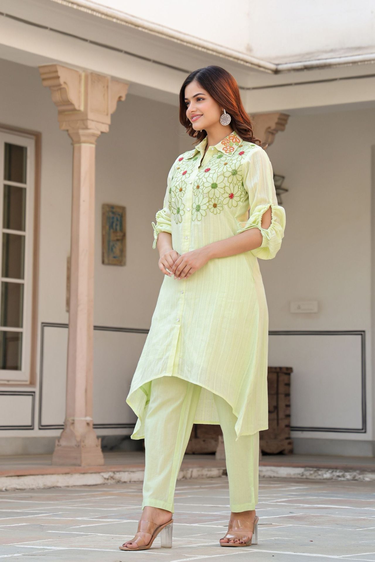 Stylish Pista Green Cord Set With Delicate Collar And Floral Embroidery image 4