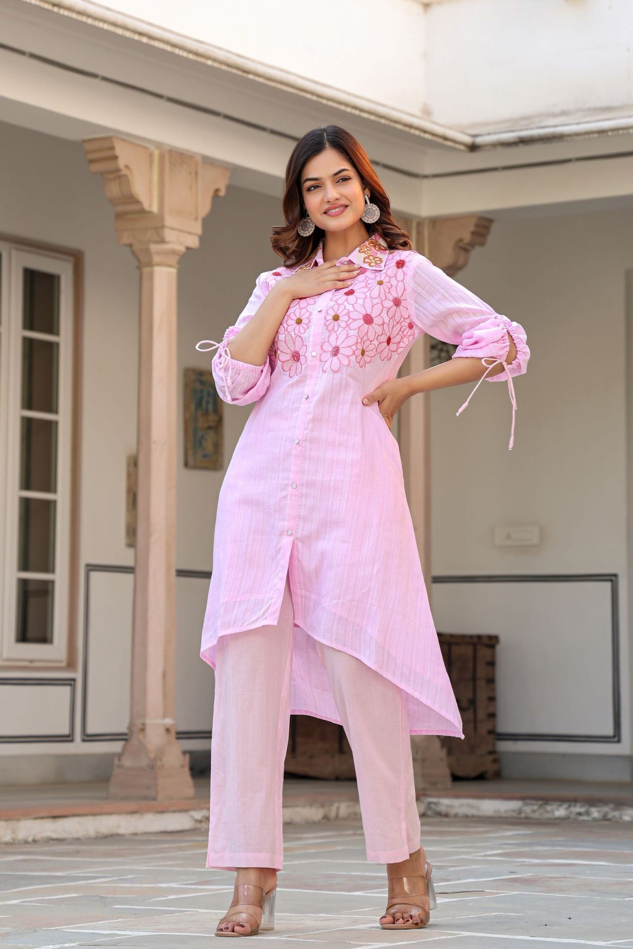 Baby Pink Cord Set Highlighted With Floral Thread Work & Collar Design