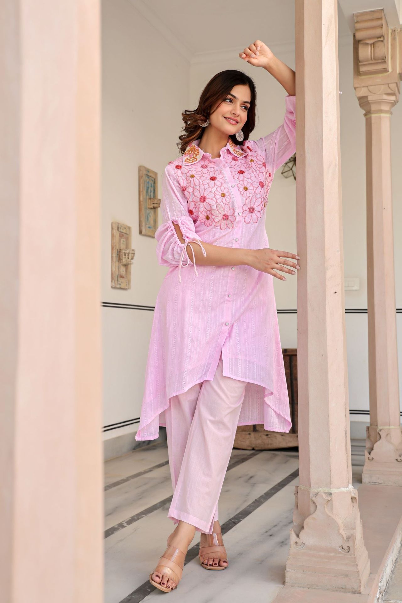 Baby Pink Cord Set Highlighted With Floral Thread Work & Collar Design image 2