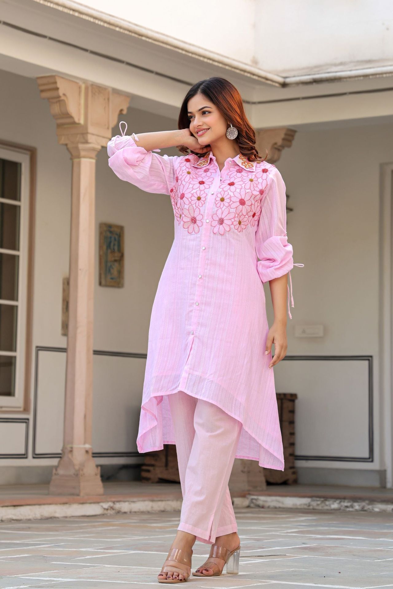 Baby Pink Cord Set Highlighted With Floral Thread Work & Collar Design image 3