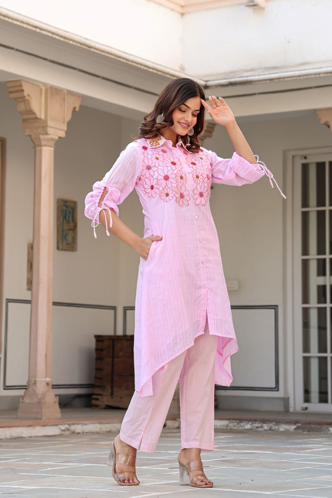 Baby Pink Cord Set Highlighted With Floral Thread Work & Collar Design image 4