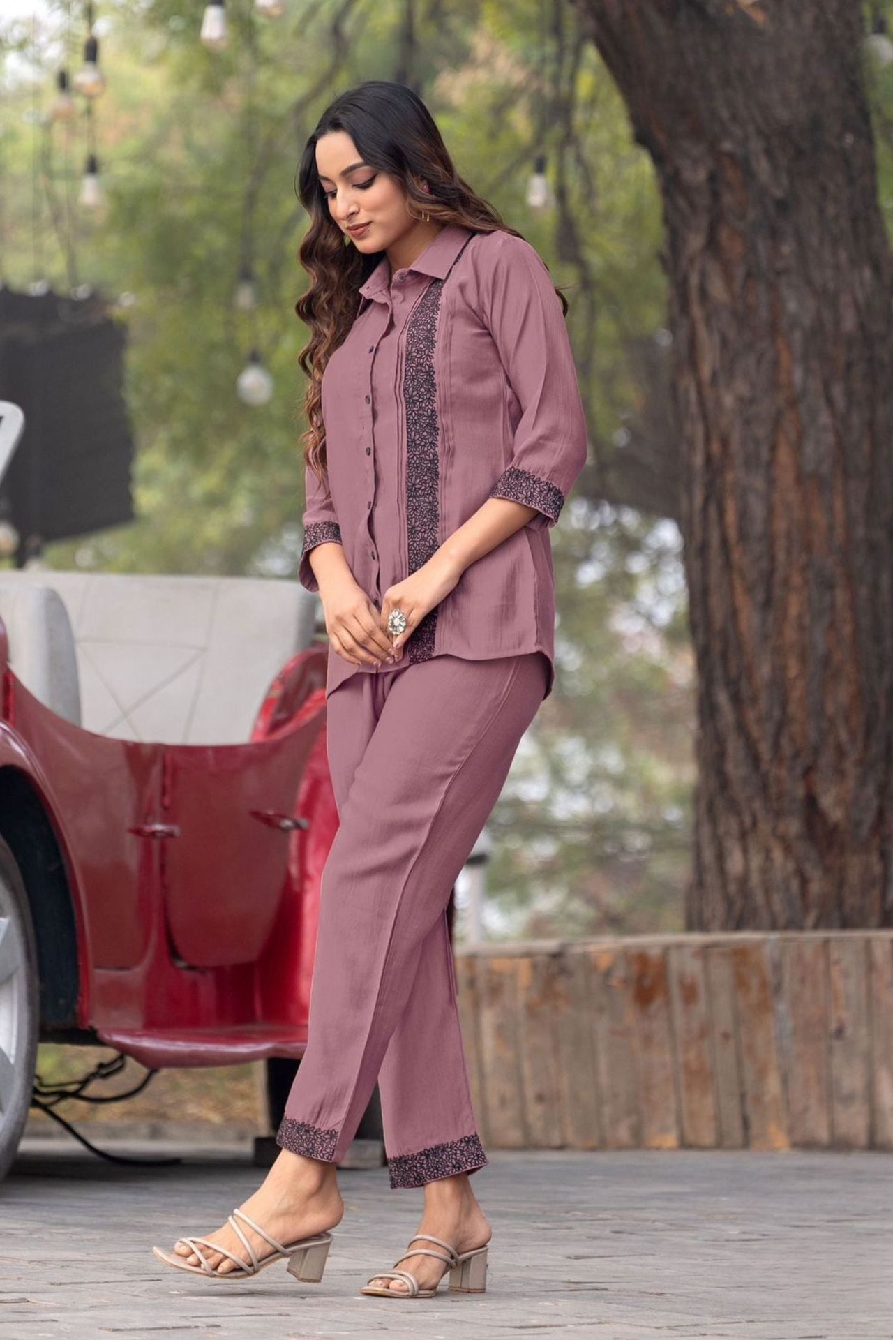 Wine Full-sleeve Cord Set With Classic Black Detailing