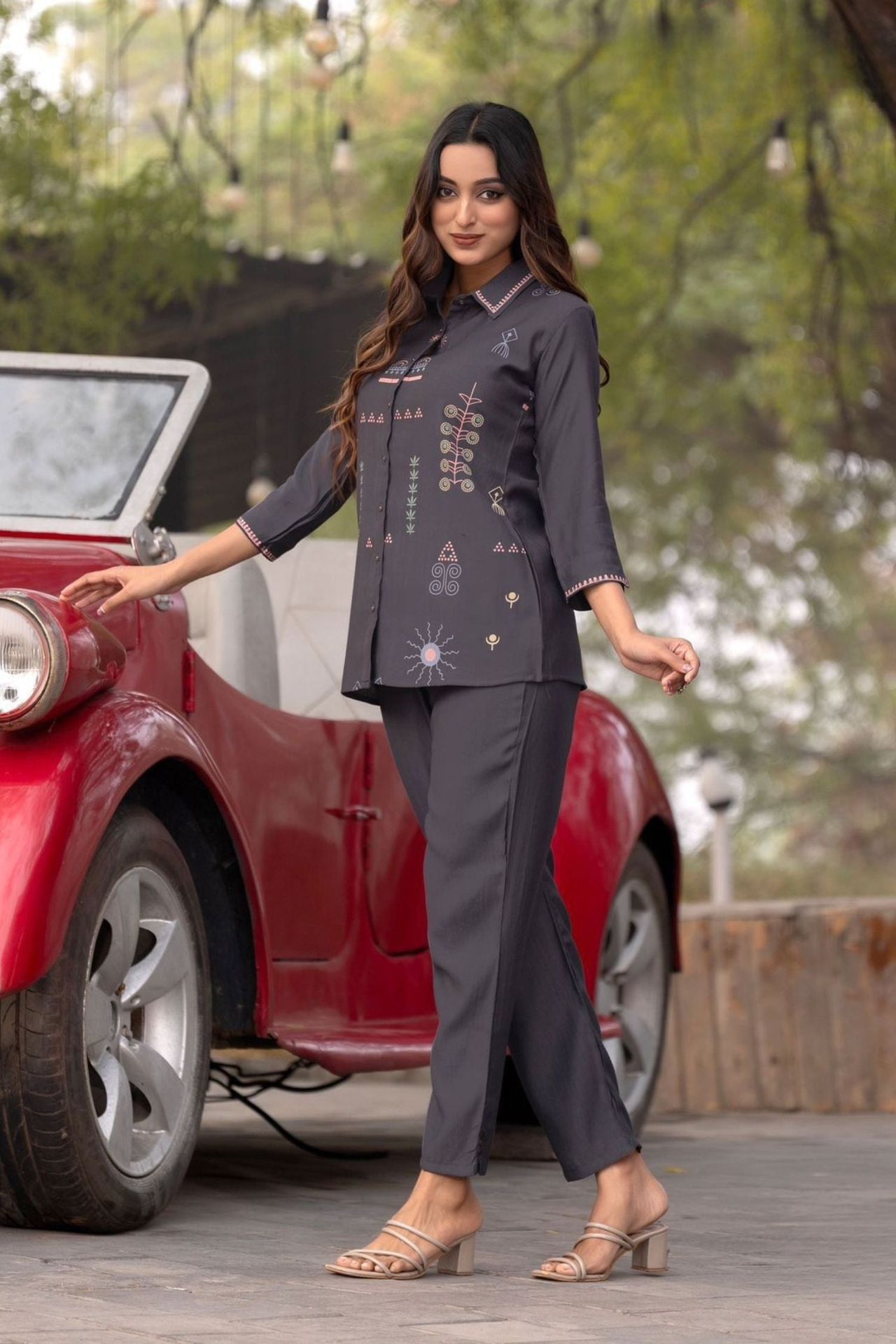 Grey Cord Set With Printed Shirt-style Top And Solid Pants