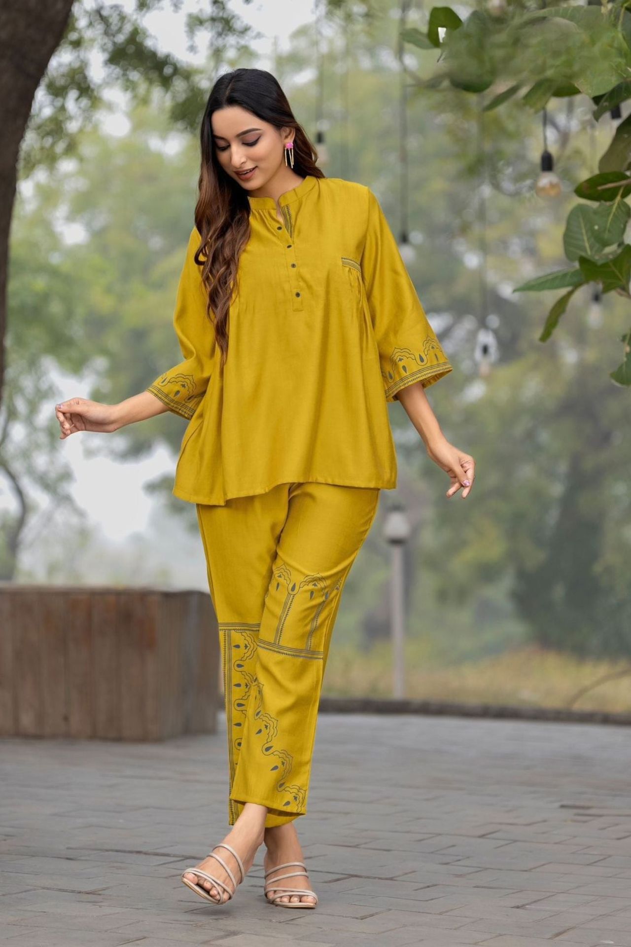 Contemporary Yellow Cord Set With Subtle Work