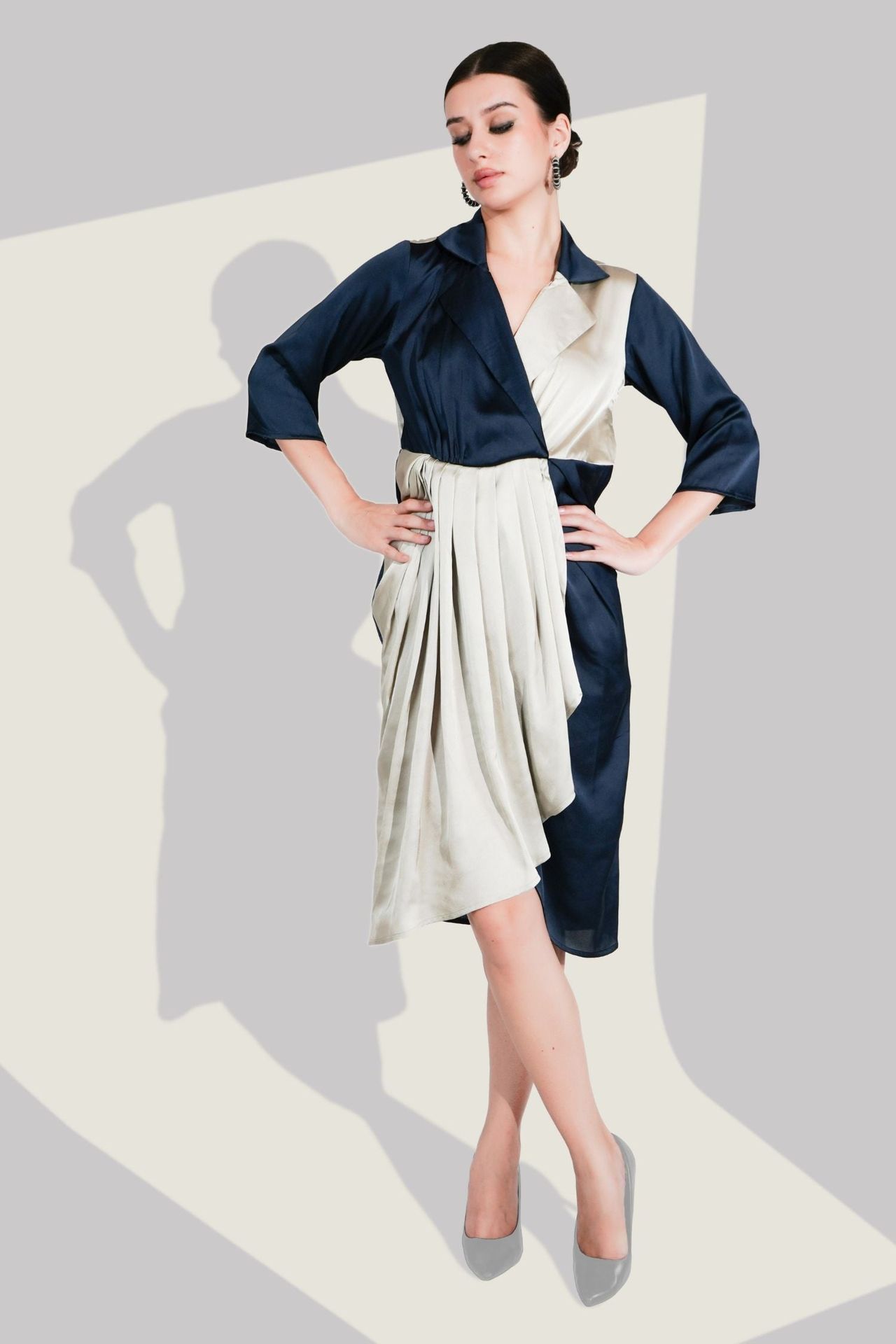 Navy Blue Satin Wrap Midi Dress