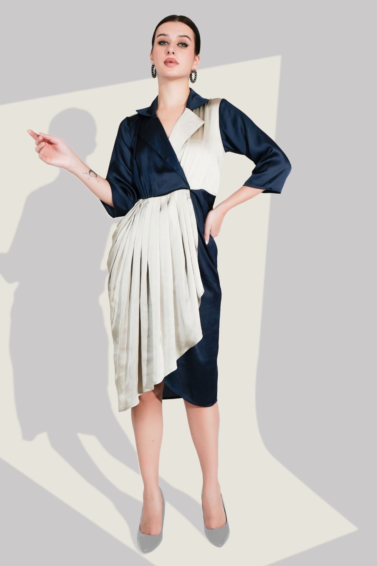 Navy Blue Satin Wrap Midi Dress image 2