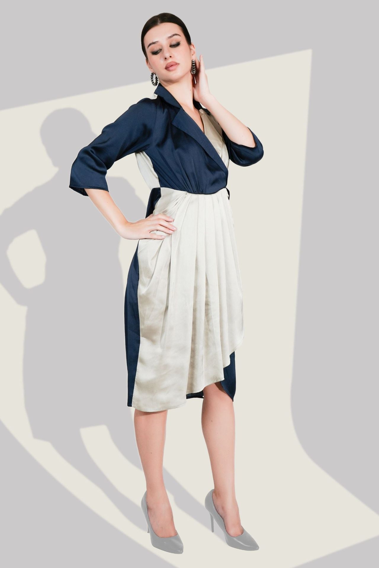 Navy Blue Satin Wrap Midi Dress image 3