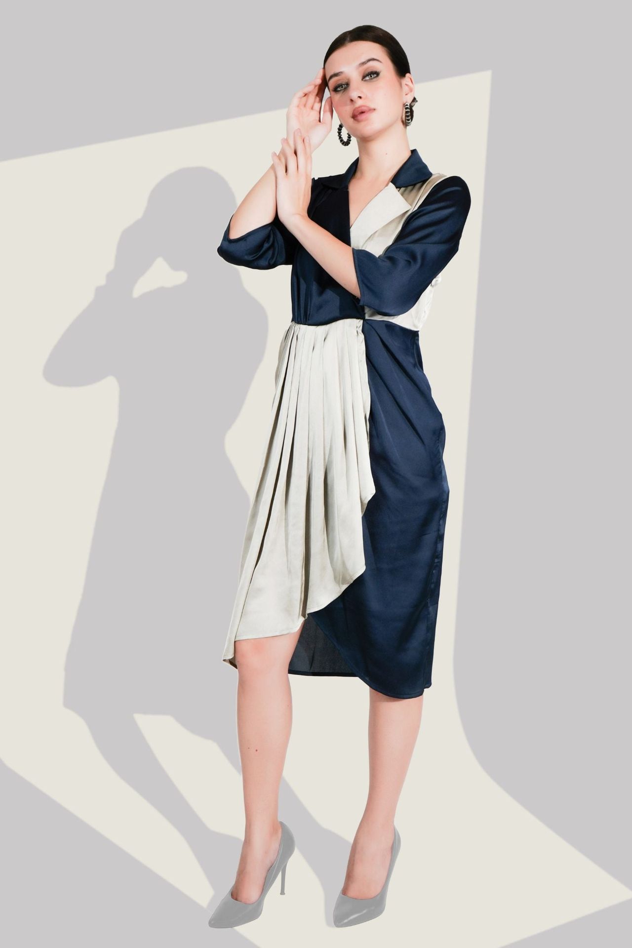 Navy Blue Satin Wrap Midi Dress image 4