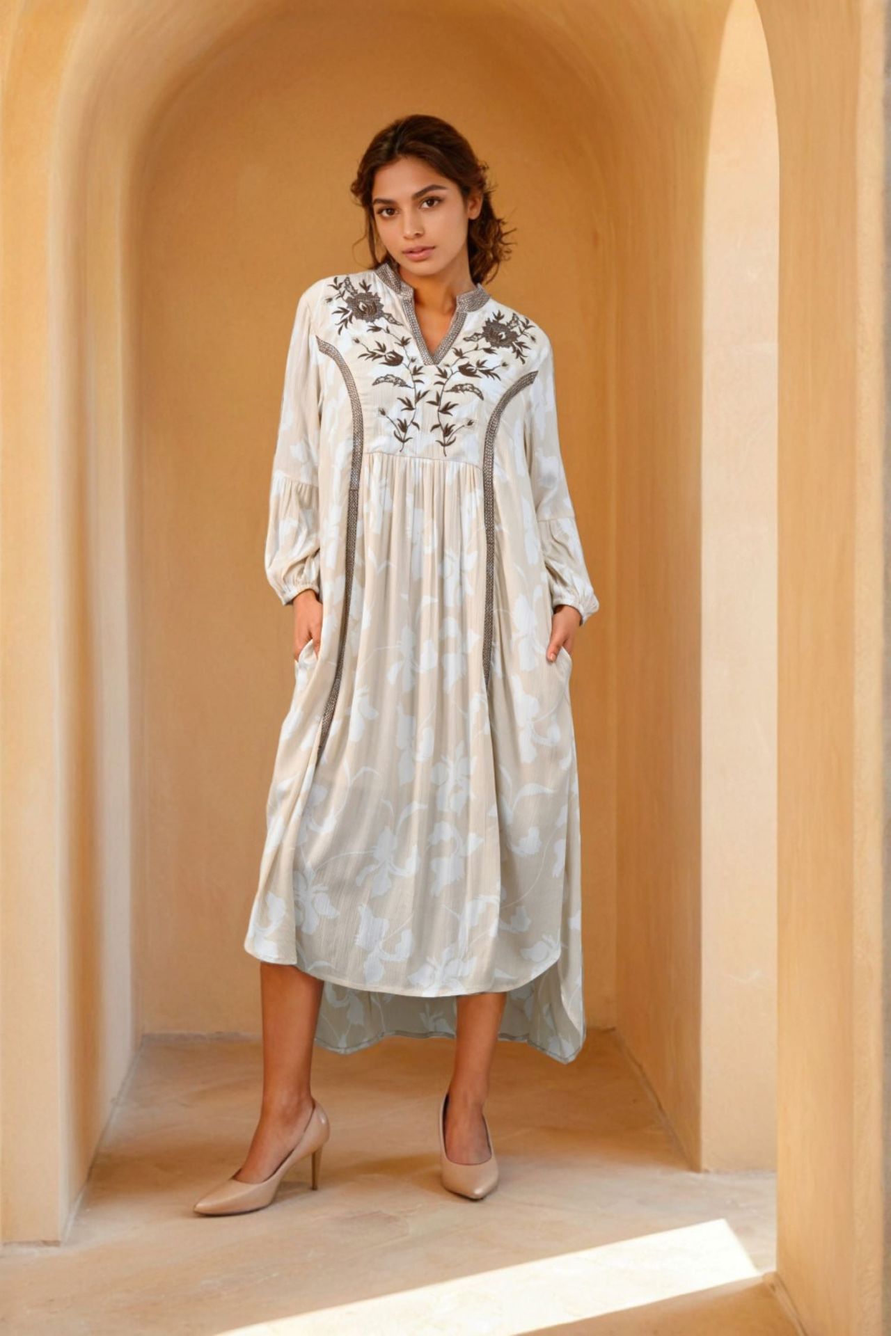 Beige Printed Long Dress