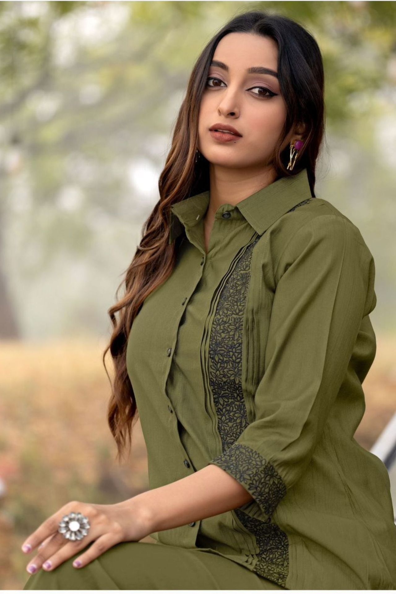 Elegant Green Full-sleeve Cord Set With Classic Black Detailing image 2