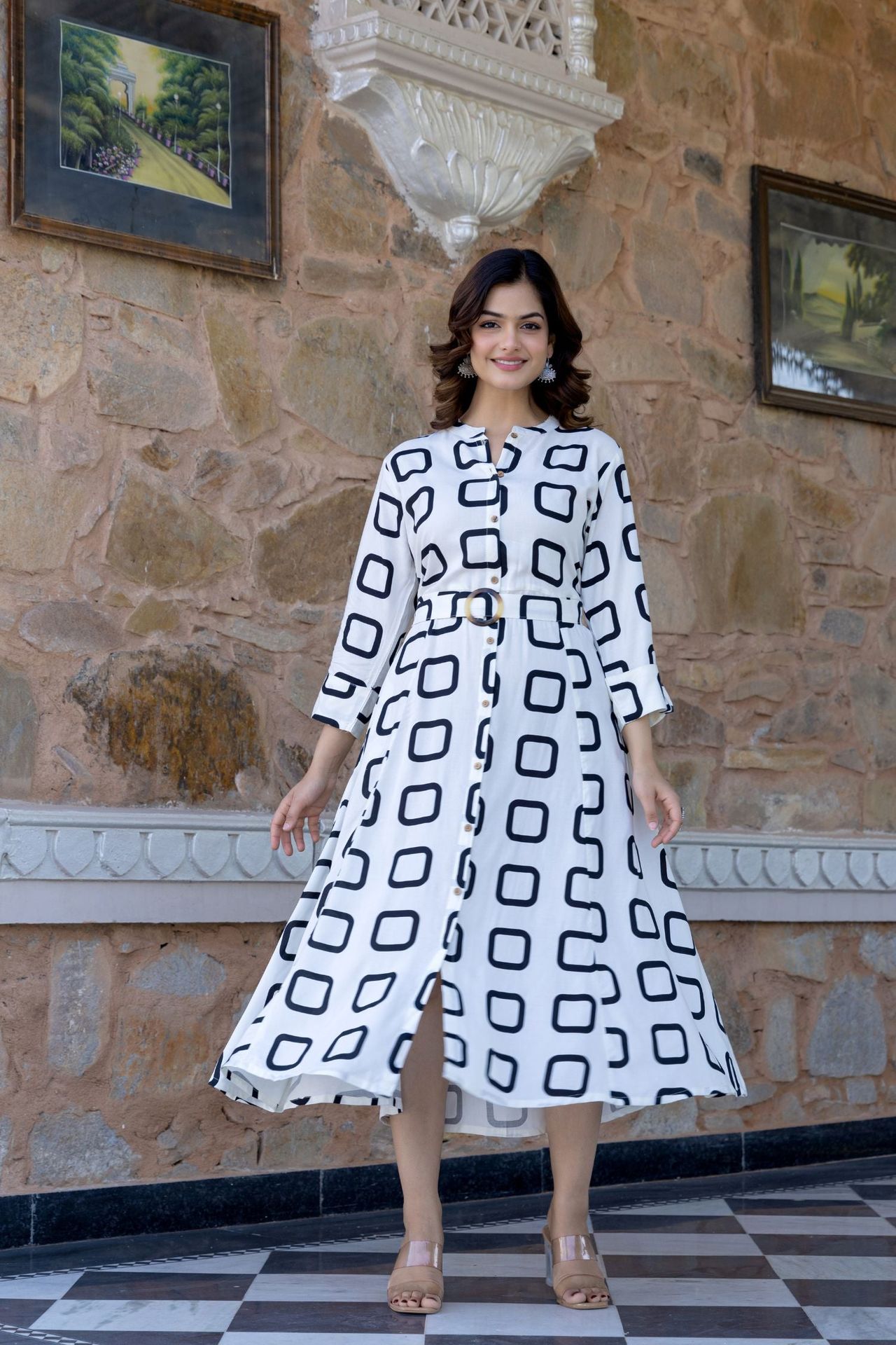 White Belted Shirt Dress With Modern Block Prints