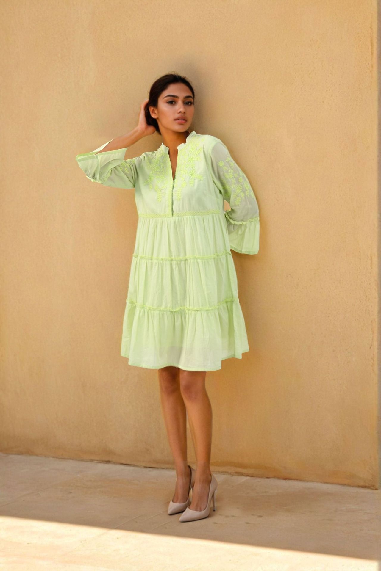 Mint Dress In Cotton With Loose Full-length Sleeves image 2