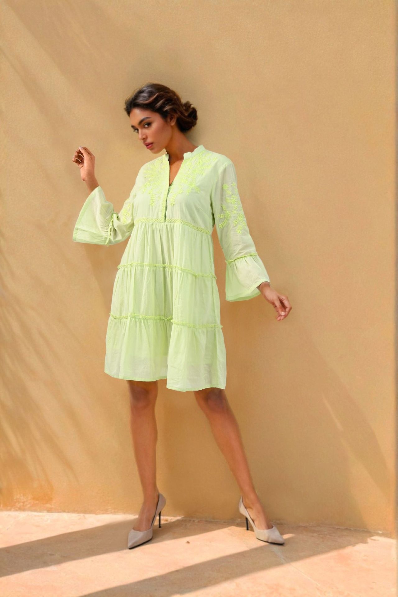 Mint Dress In Cotton With Loose Full-length Sleeves image 3