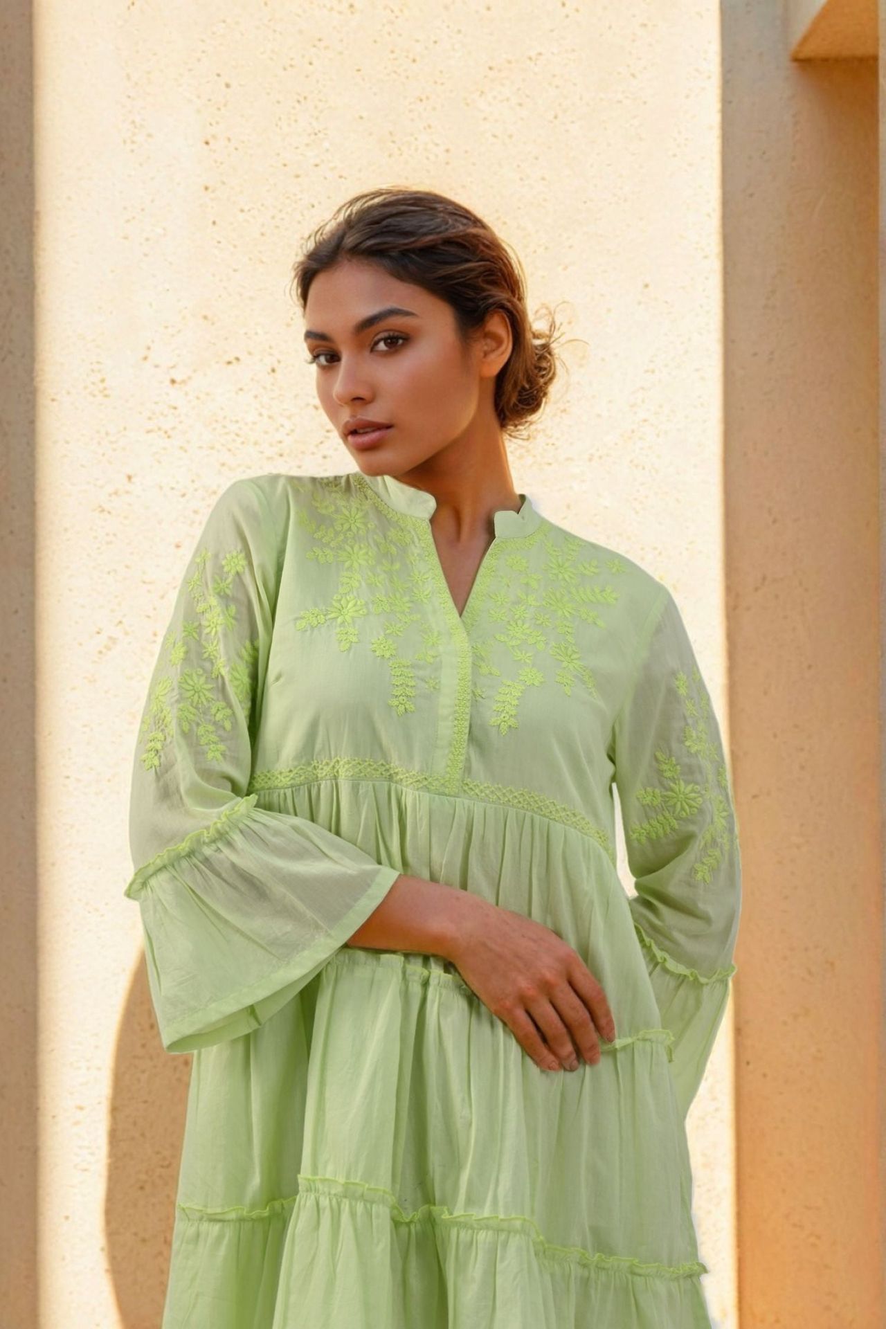 Mint Dress In Cotton With Loose Full-length Sleeves image 4
