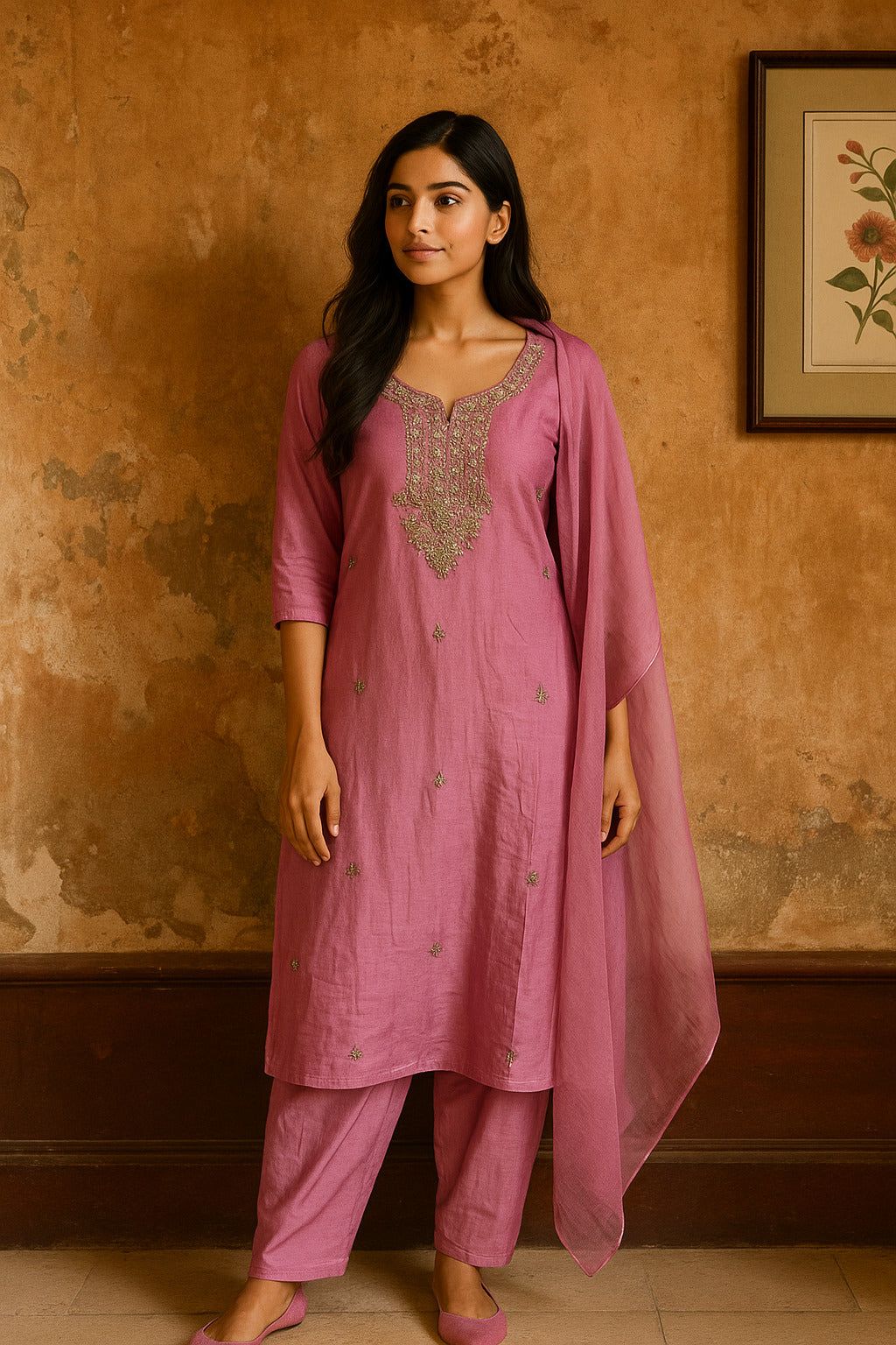 Purple Suit With Embroidery Work And Chiffon Dupatta
