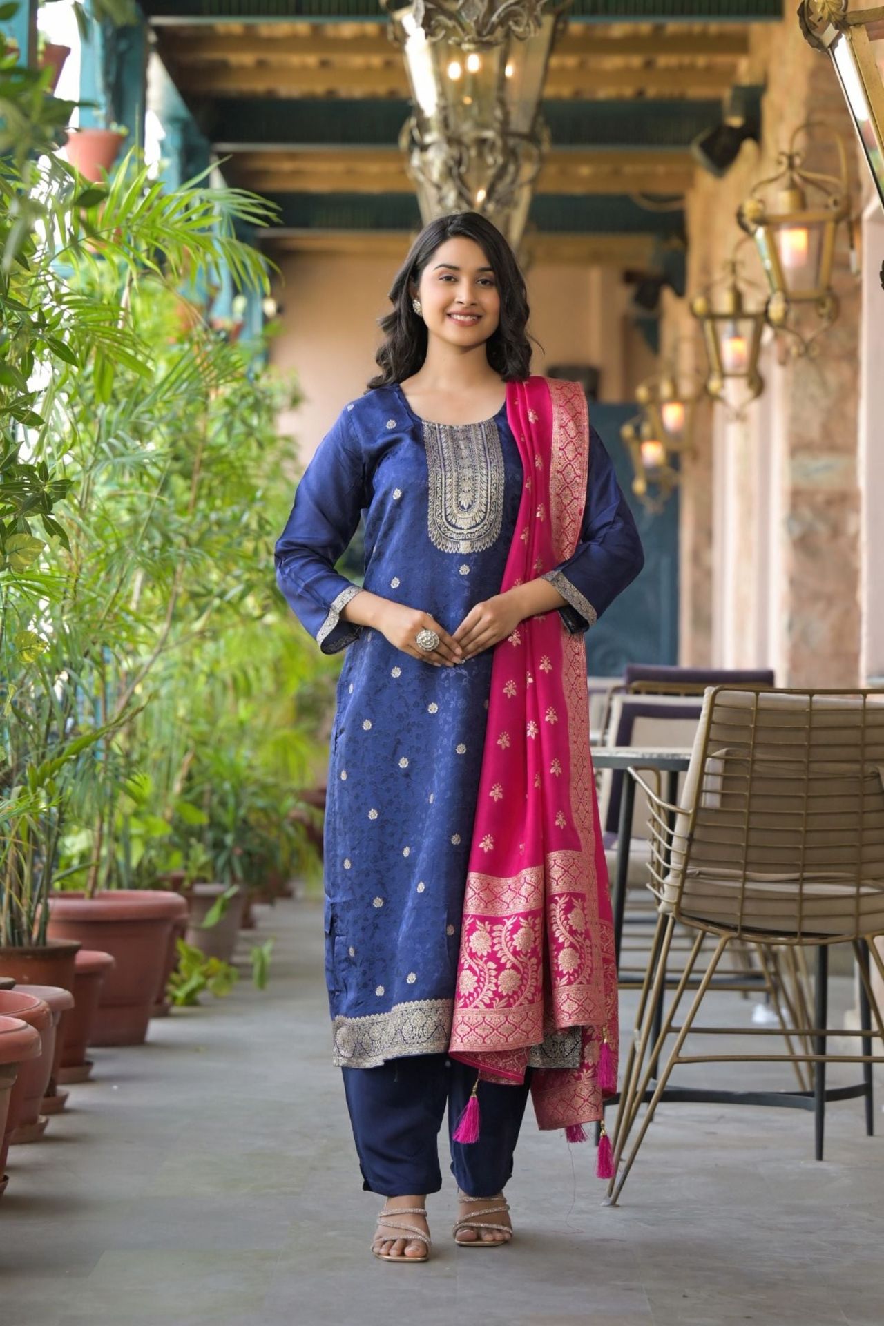 Embroidered Three Piece Suit Set With Rani Dupatta