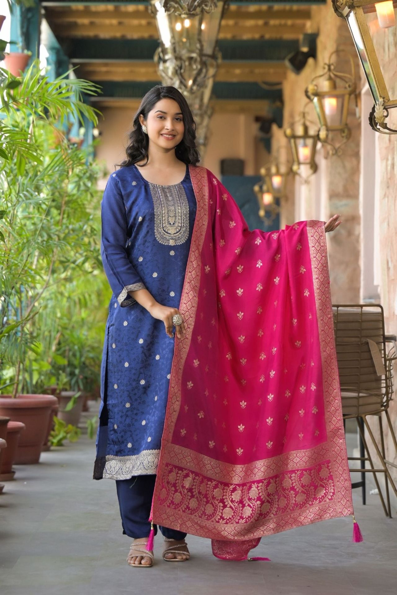 Embroidered Three Piece Suit Set With Rani Dupatta image 3