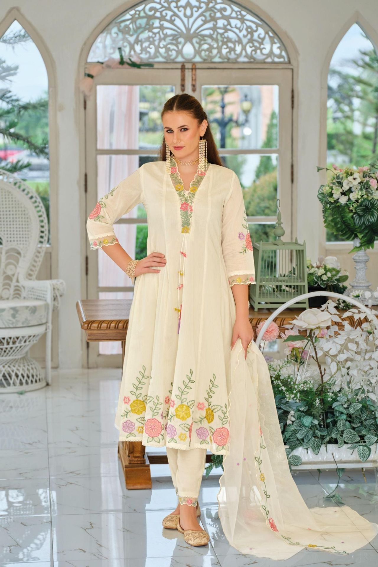 Elegant Off White Mul Chanderi Three Piece Suit Set